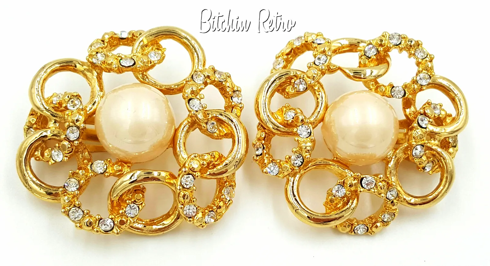 Rhinestone and Pearl Bridal Earrings Intertwined His and Her Rings