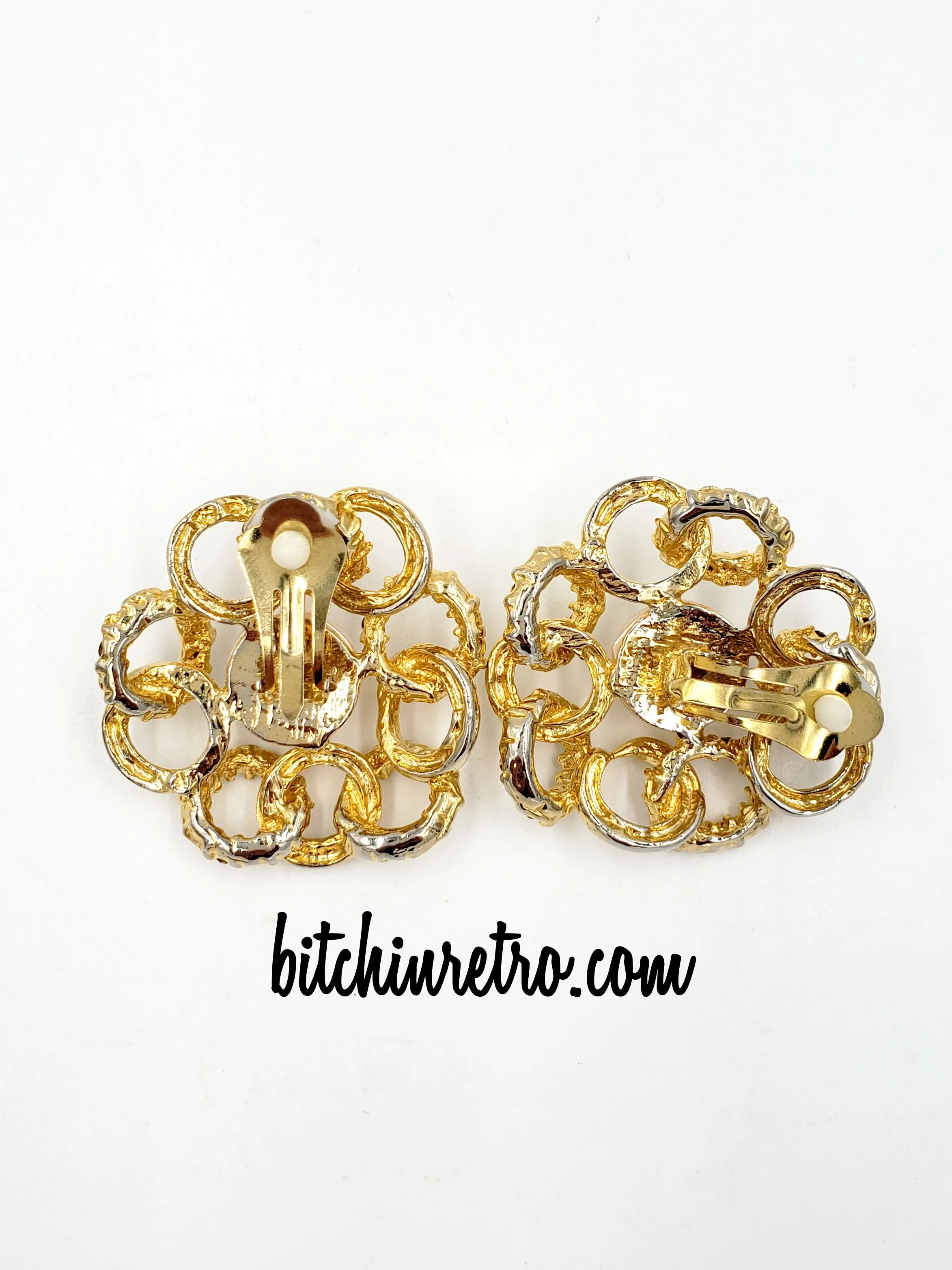 Rhinestone and Pearl Bridal Earrings Intertwined His and Her Rings