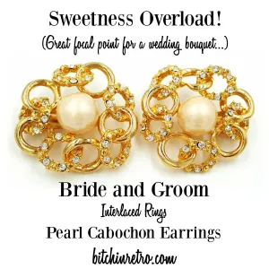 Rhinestone and Pearl Bridal Earrings Intertwined His and Her Rings