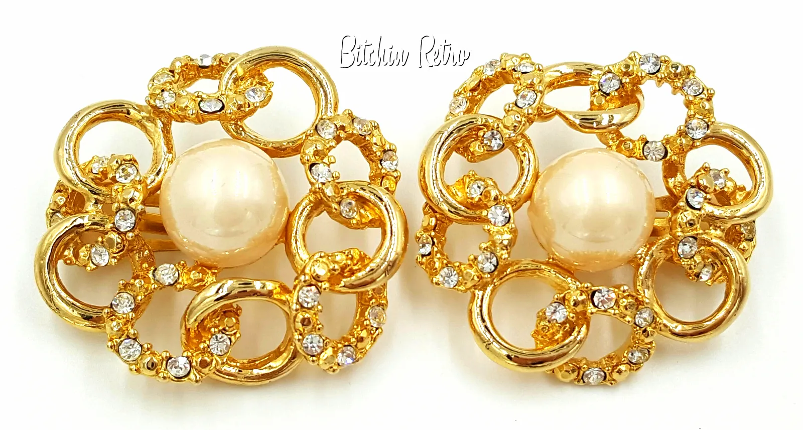 Rhinestone and Pearl Bridal Earrings Intertwined His and Her Rings