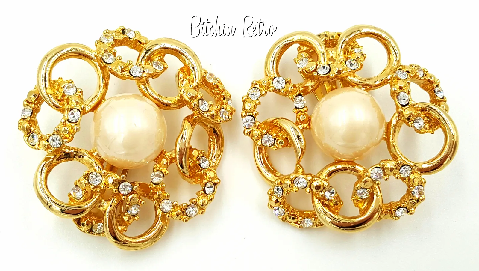 Rhinestone and Pearl Bridal Earrings Intertwined His and Her Rings