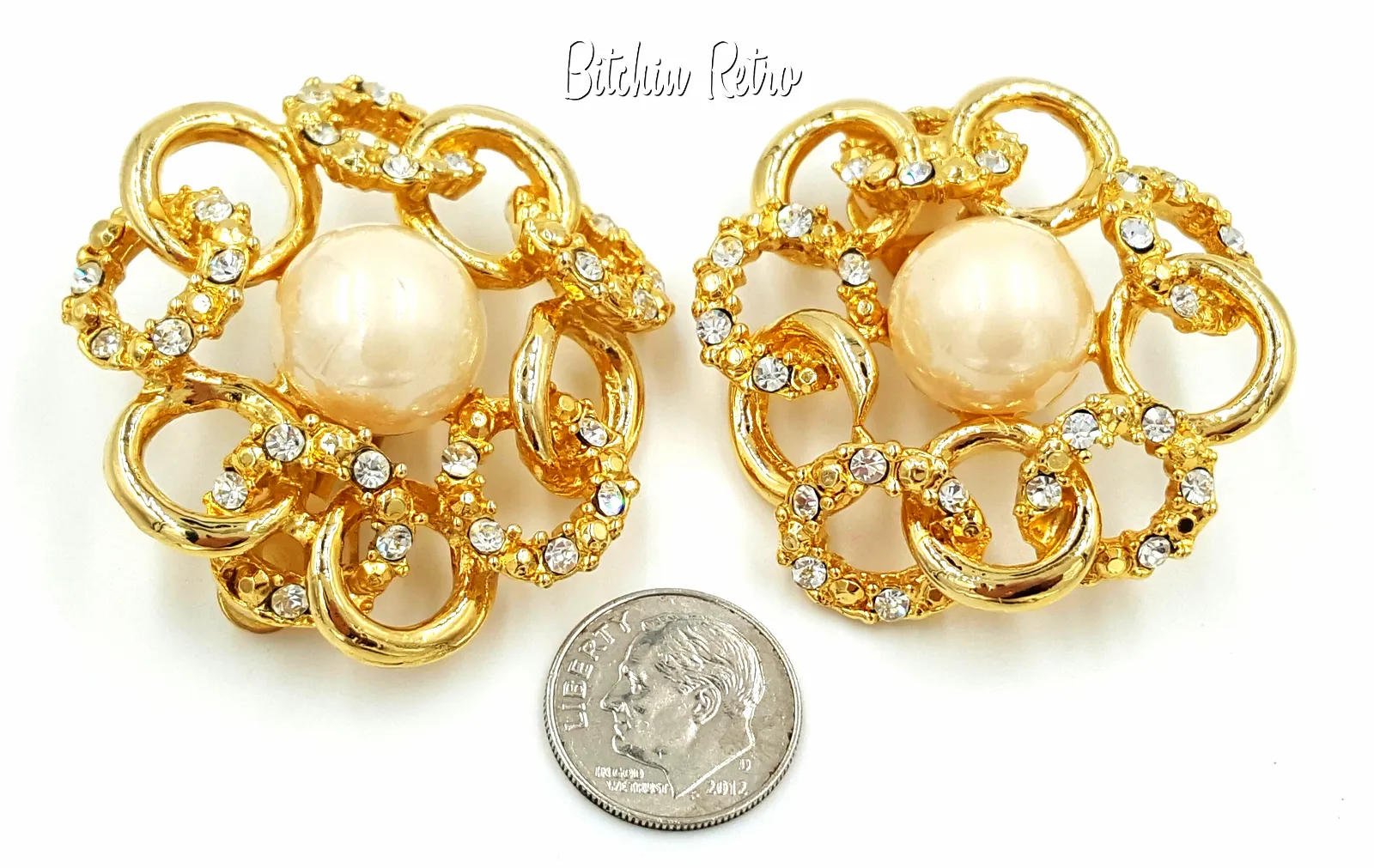 Rhinestone and Pearl Bridal Earrings Intertwined His and Her Rings
