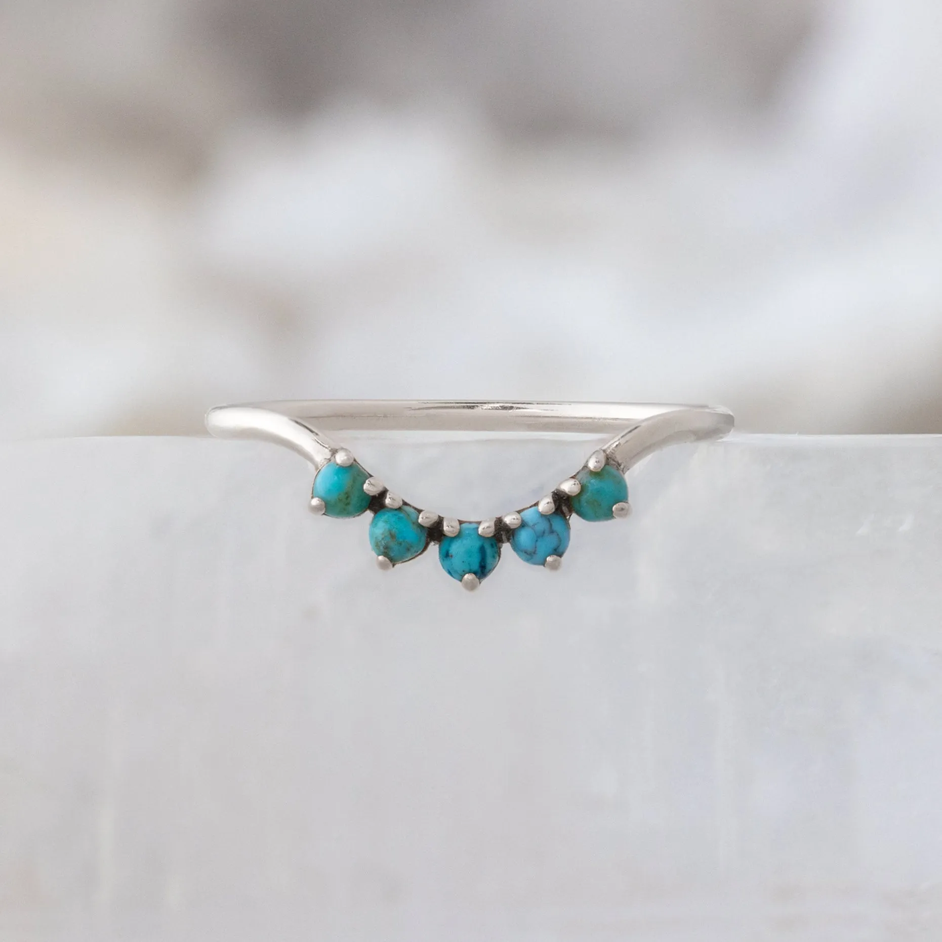 Round Turquoise Sunburst Stacking Band | 5 Stone Setting in 14K or 18K White Gold