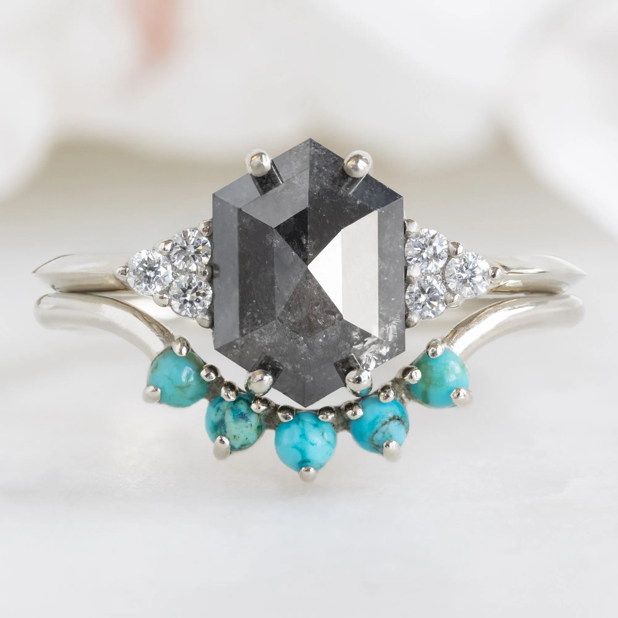 Round Turquoise Sunburst Stacking Band | 5 Stone Setting in 14K or 18K White Gold