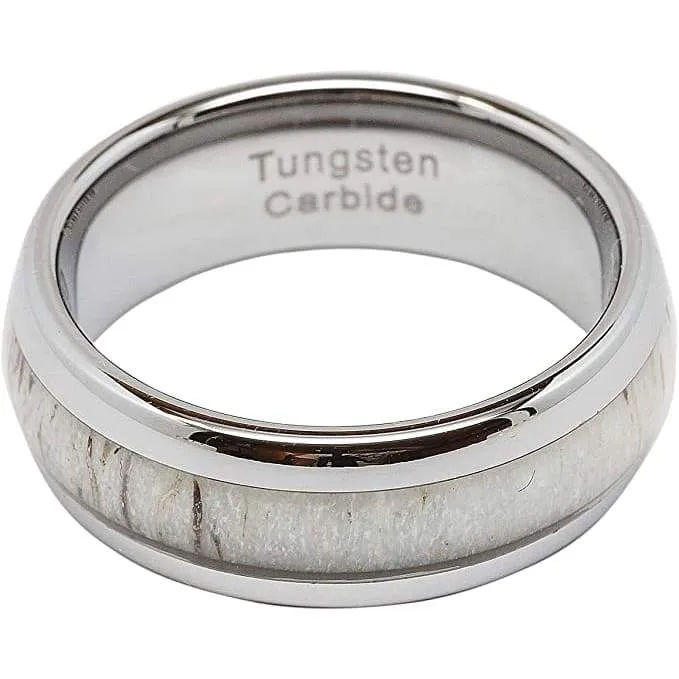 Saginaw Men's Domed Tungsten Carbide Ring Elk Deer Antler Inlaid Center - 8mm