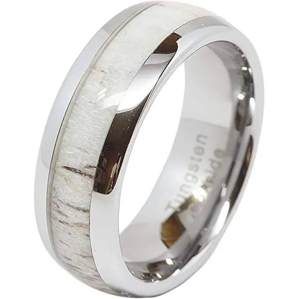 Saginaw Men's Domed Tungsten Carbide Ring Elk Deer Antler Inlaid Center - 8mm