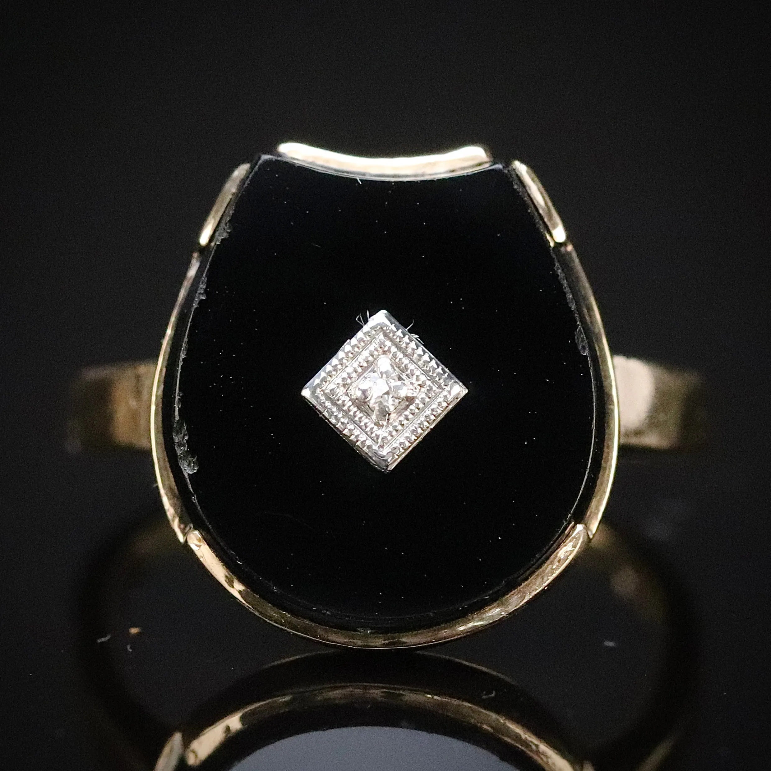 SALE!!  Vintage horseshoe shaped Onyx and diamond ring in yellow gold