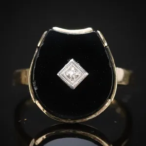 SALE!!  Vintage horseshoe shaped Onyx and diamond ring in yellow gold