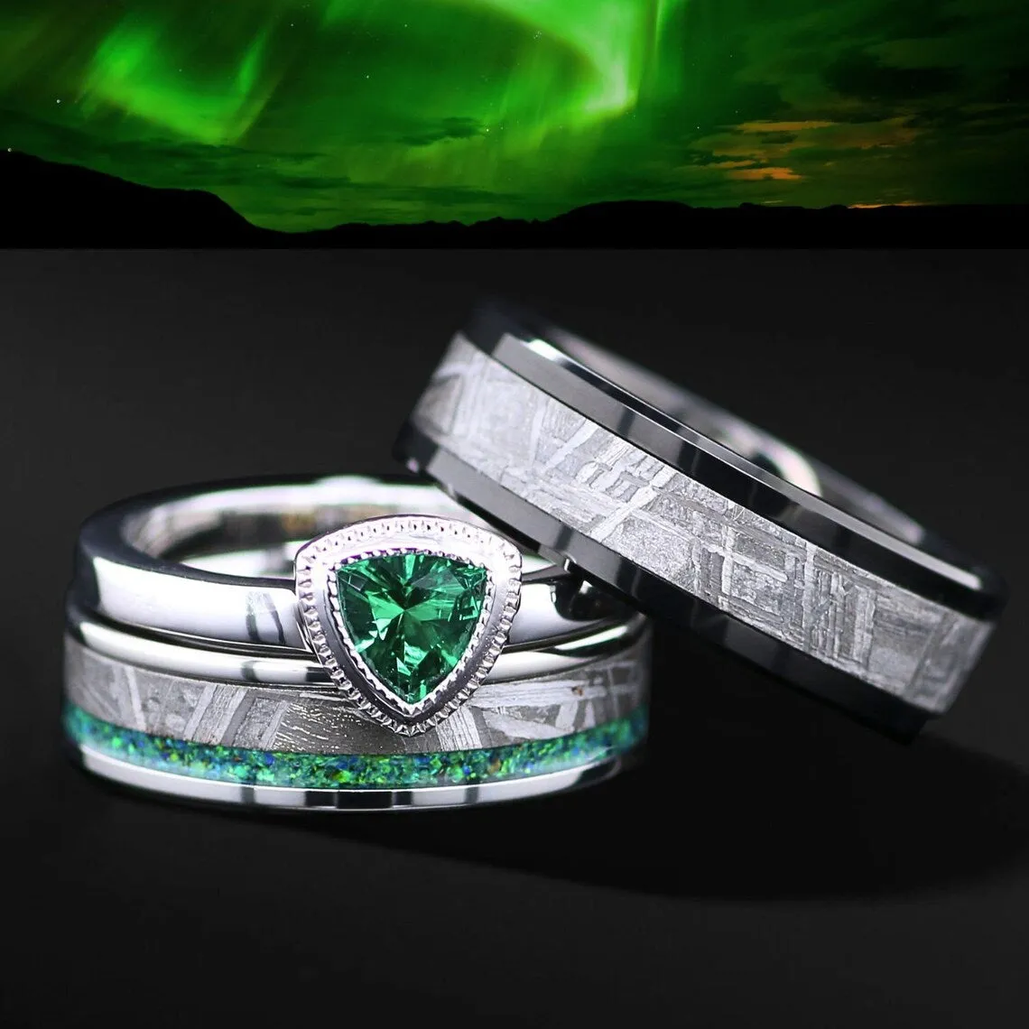 Salma - His & Hers Genuine Meteorite Engagement and Wedding Ring Set, Unique Handcrafted Galactic Love Symbol FREE ENGRAVING
