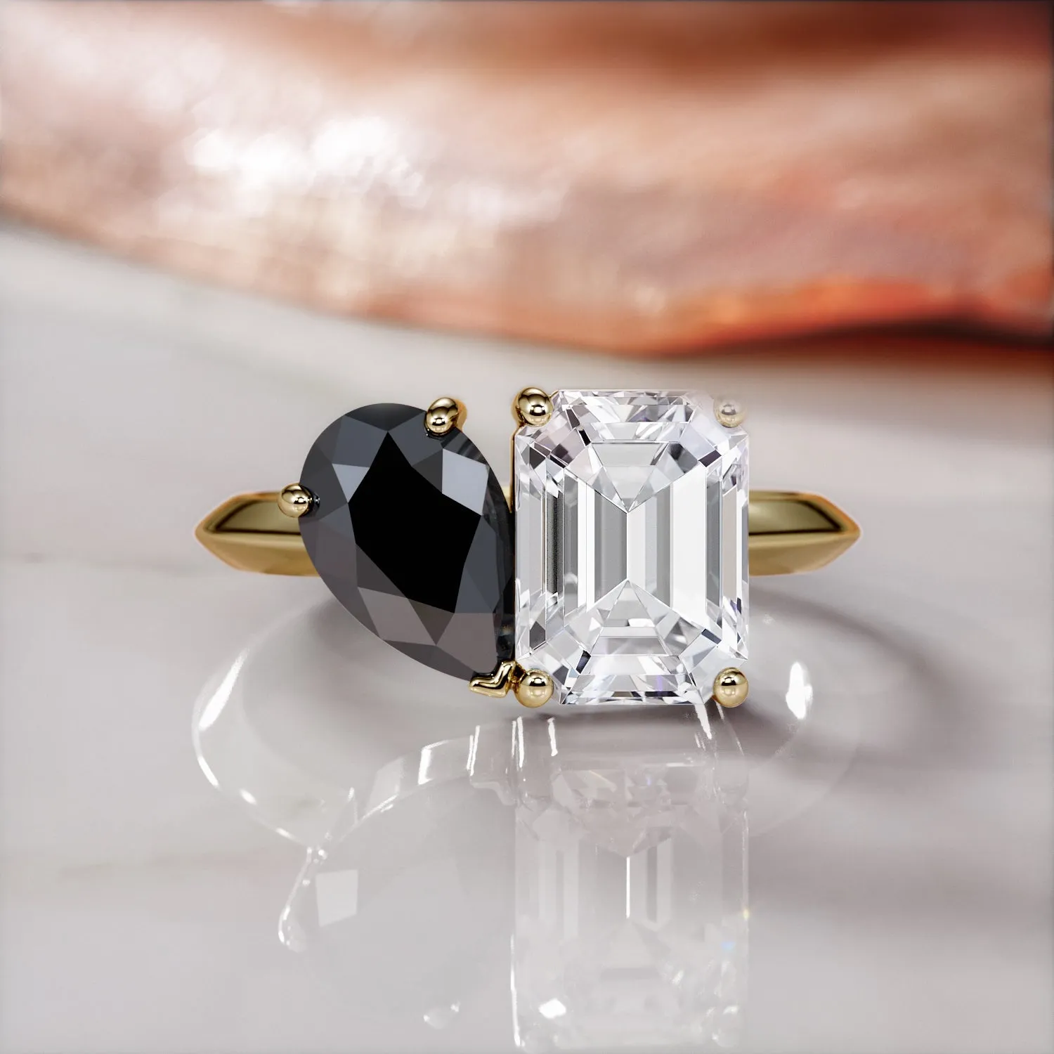 Sautern'S Moons - Two Stone Natural Black Diamond Pear Engagement Ring in Yellow Gold