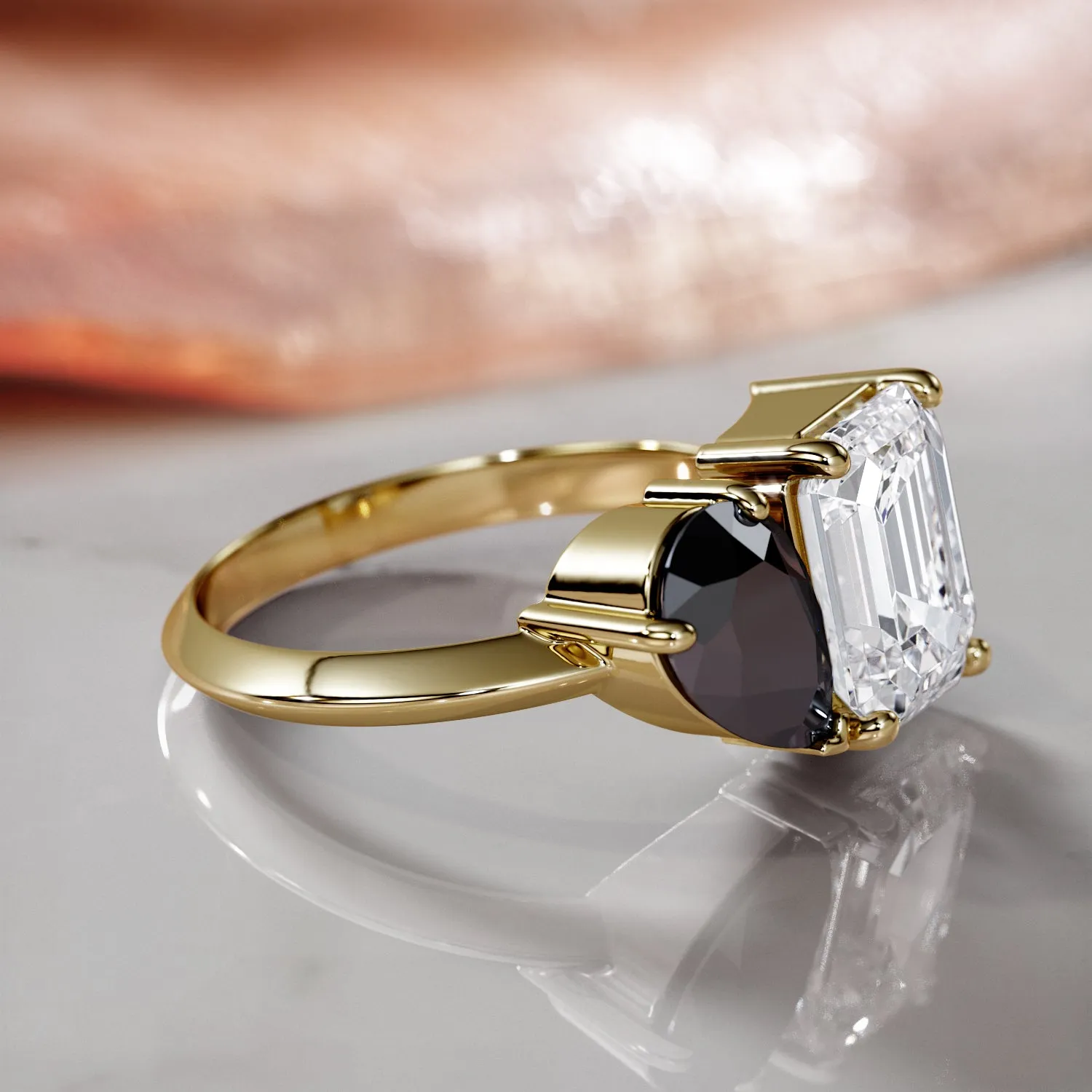 Sautern'S Moons - Two Stone Natural Black Diamond Pear Engagement Ring in Yellow Gold