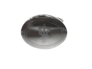 Silver Toned Etched Oval Veterinary Caduceus Symbol Adjustable Size Fashion Ring