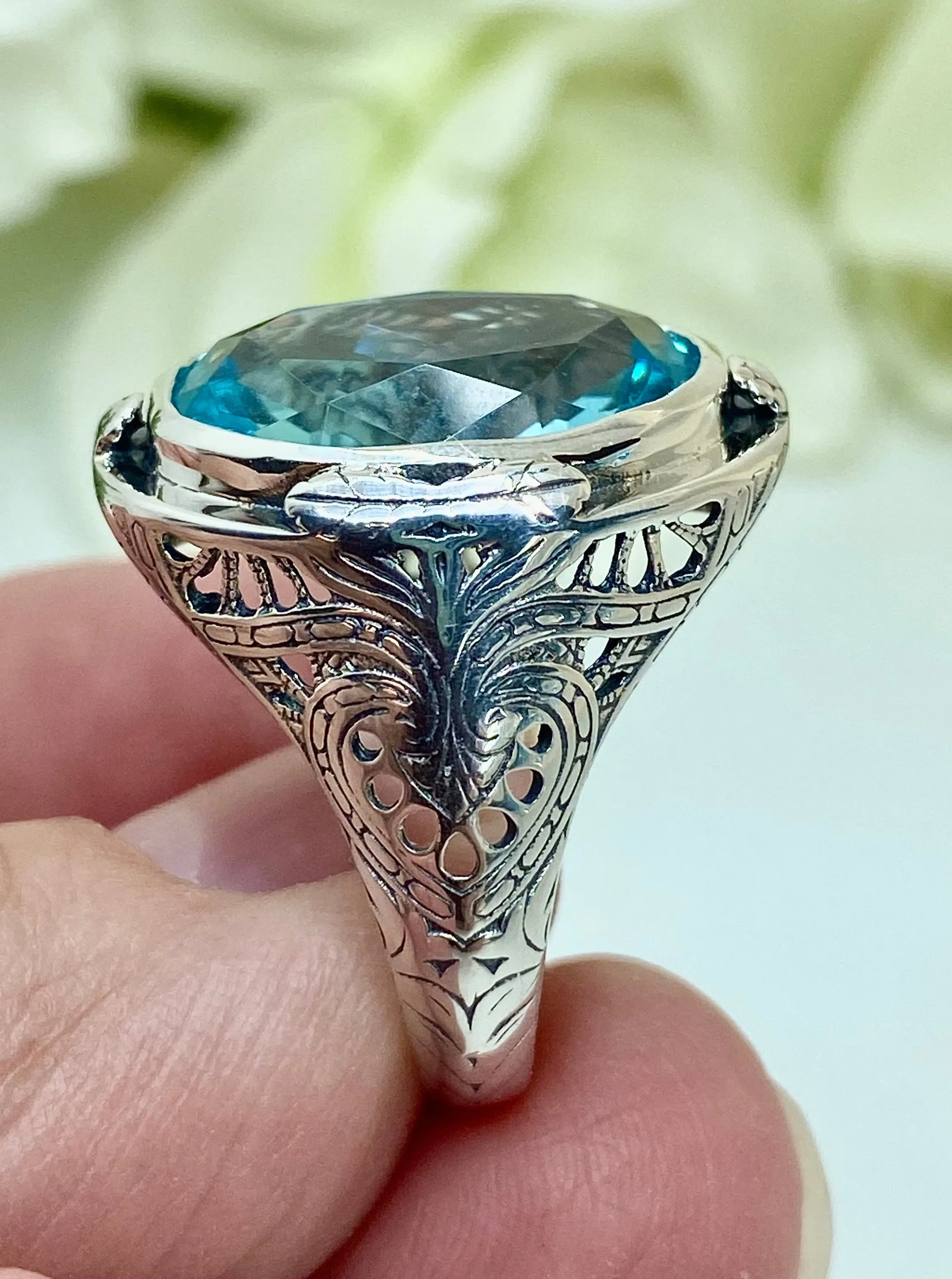 Sky Blue Large Oval Ring, Size 8, Victorian Jewelry Design#D2 - Ready to Ship