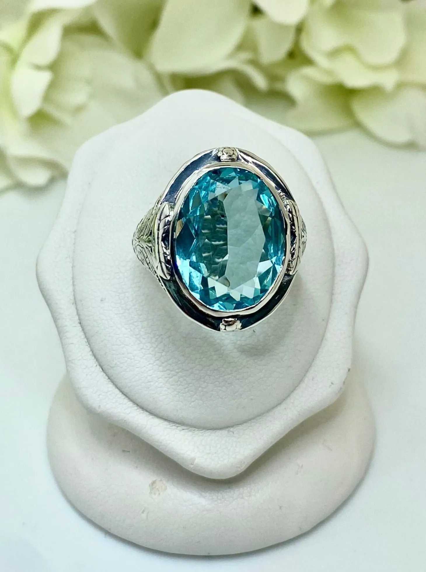 Sky Blue Large Oval Ring, Size 8, Victorian Jewelry Design#D2 - Ready to Ship