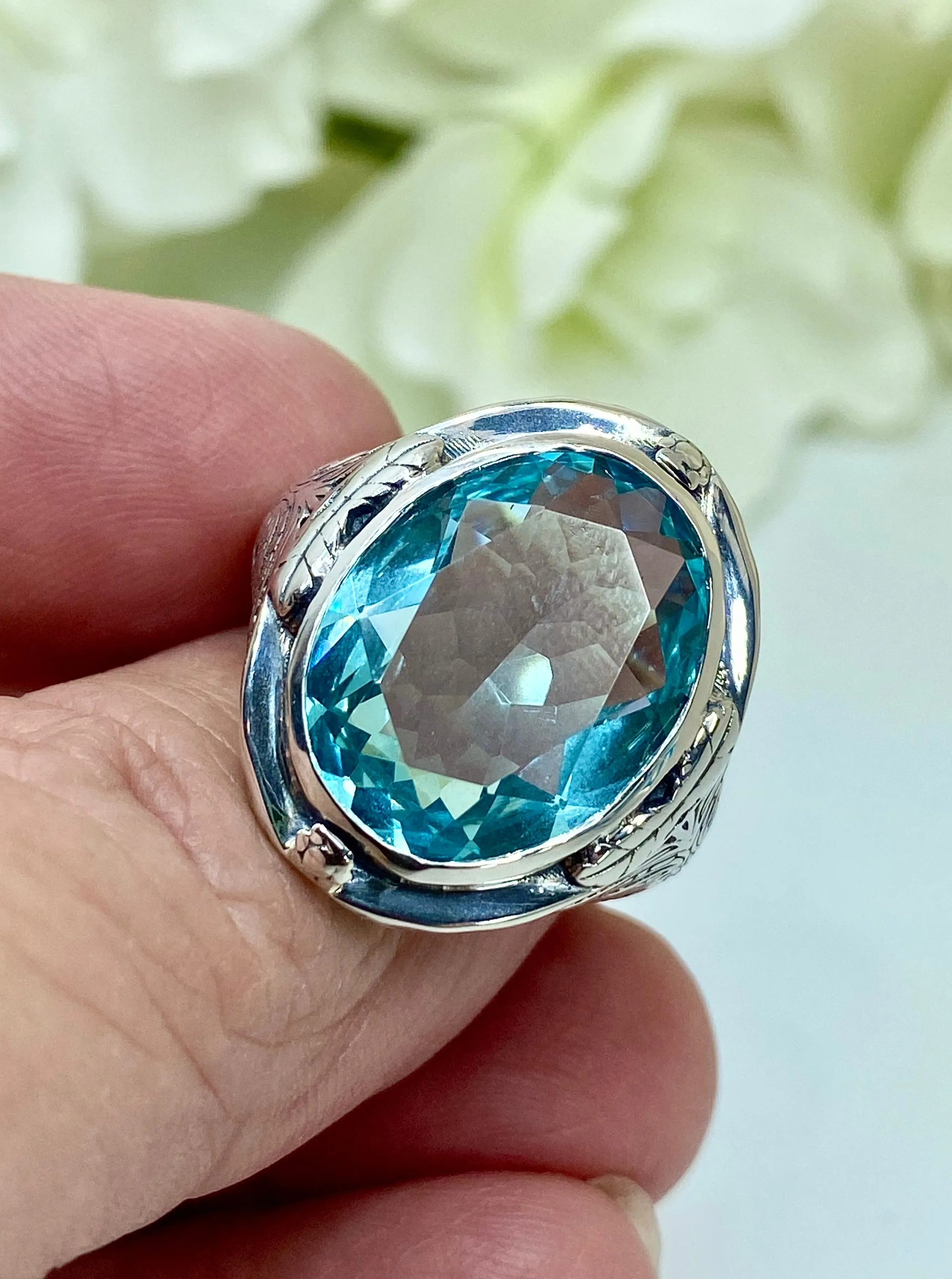 Sky Blue Large Oval Ring, Size 8, Victorian Jewelry Design#D2 - Ready to Ship