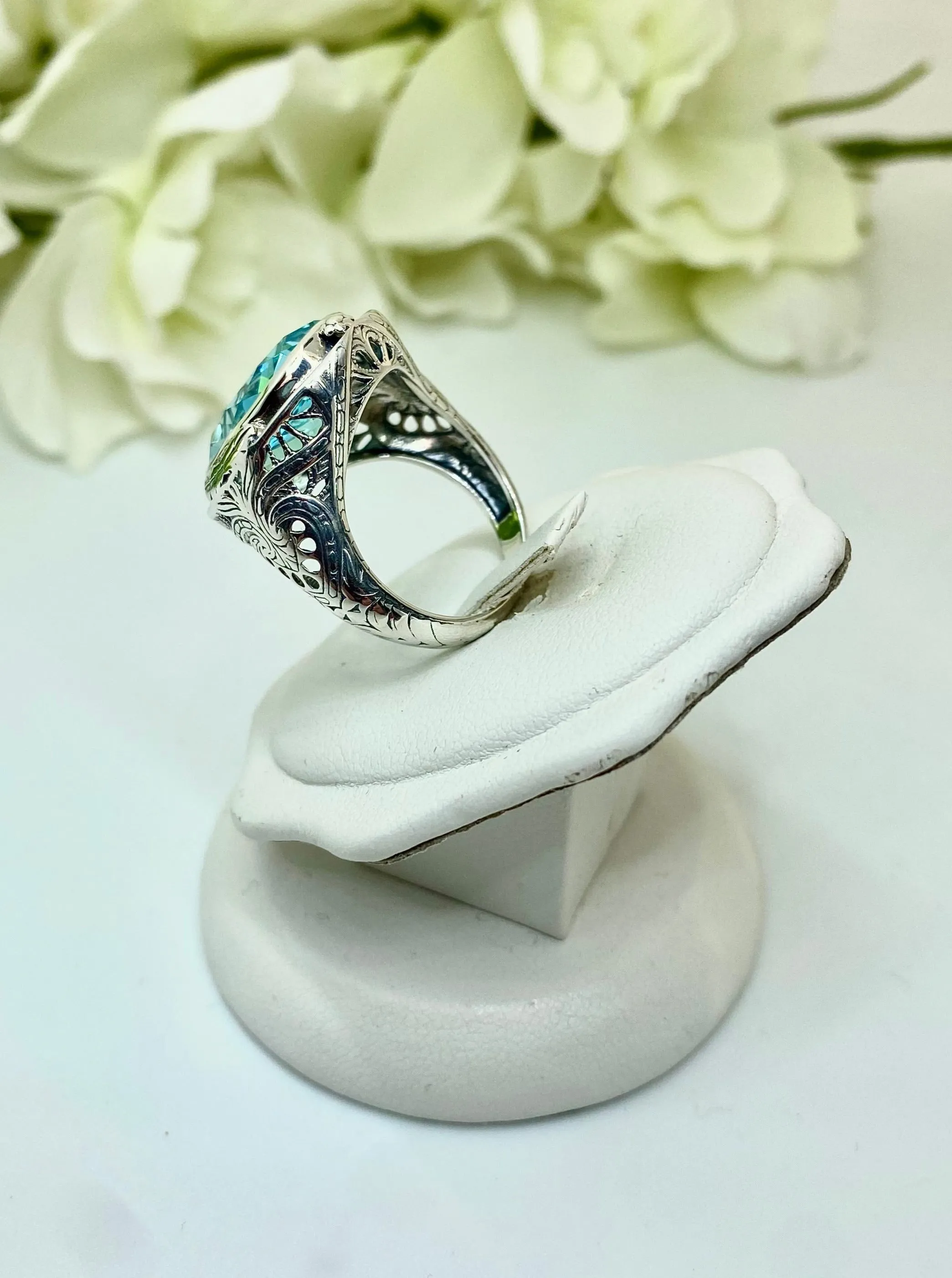 Sky Blue Large Oval Ring, Size 8, Victorian Jewelry Design#D2 - Ready to Ship