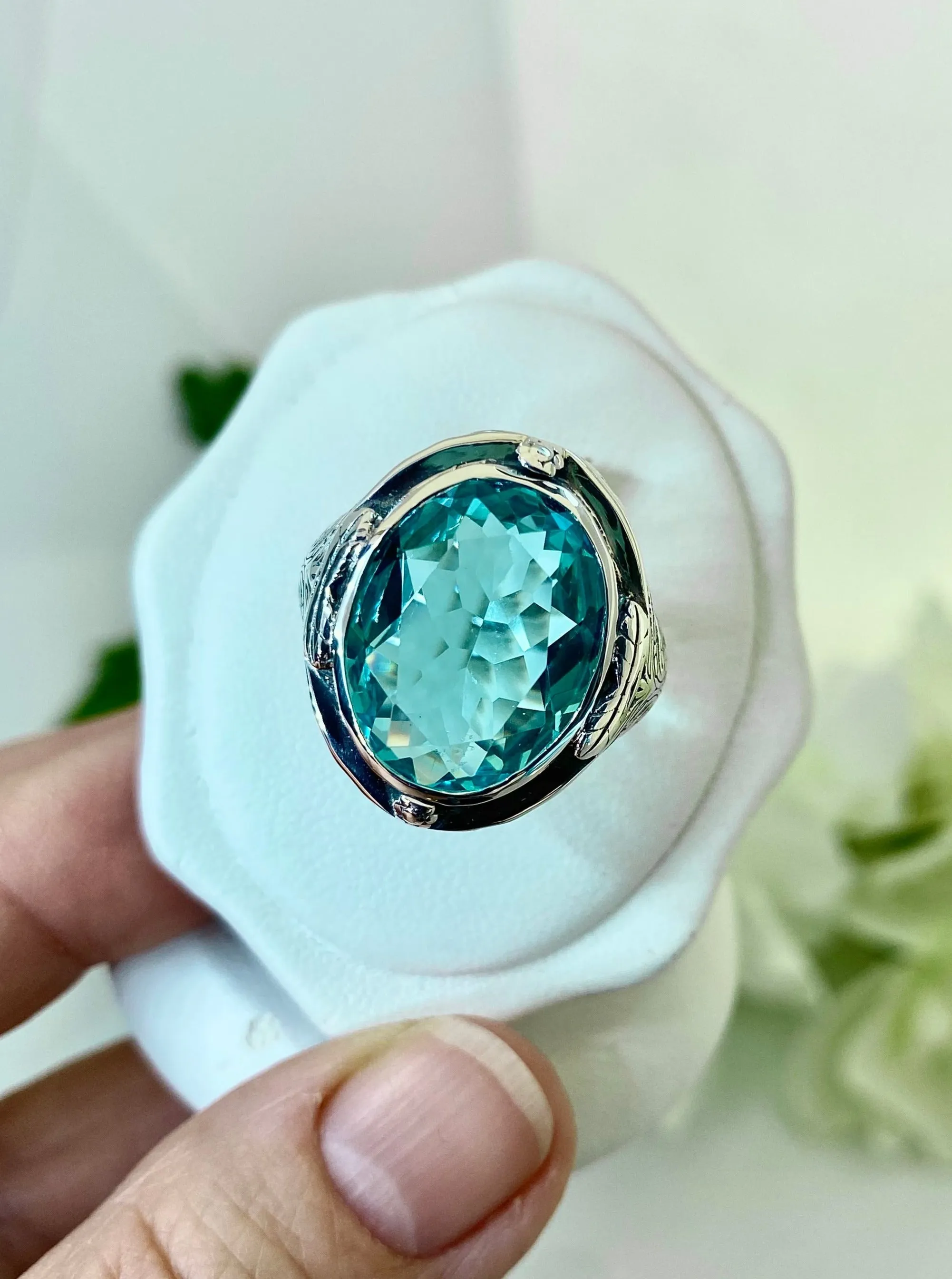 Sky Blue Large Oval Ring, Size 8, Victorian Jewelry Design#D2 - Ready to Ship