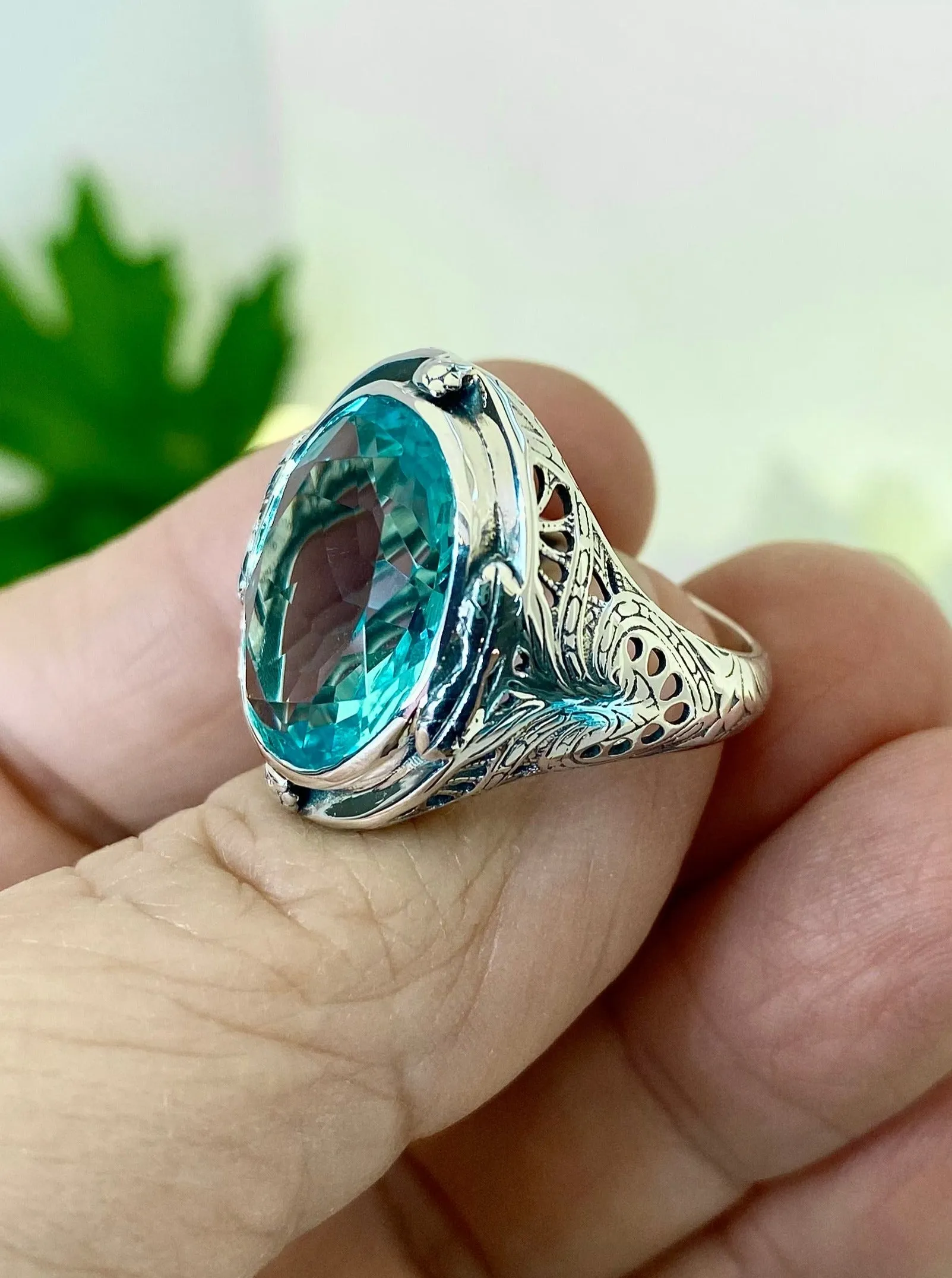 Sky Blue Large Oval Ring, Size 8, Victorian Jewelry Design#D2 - Ready to Ship