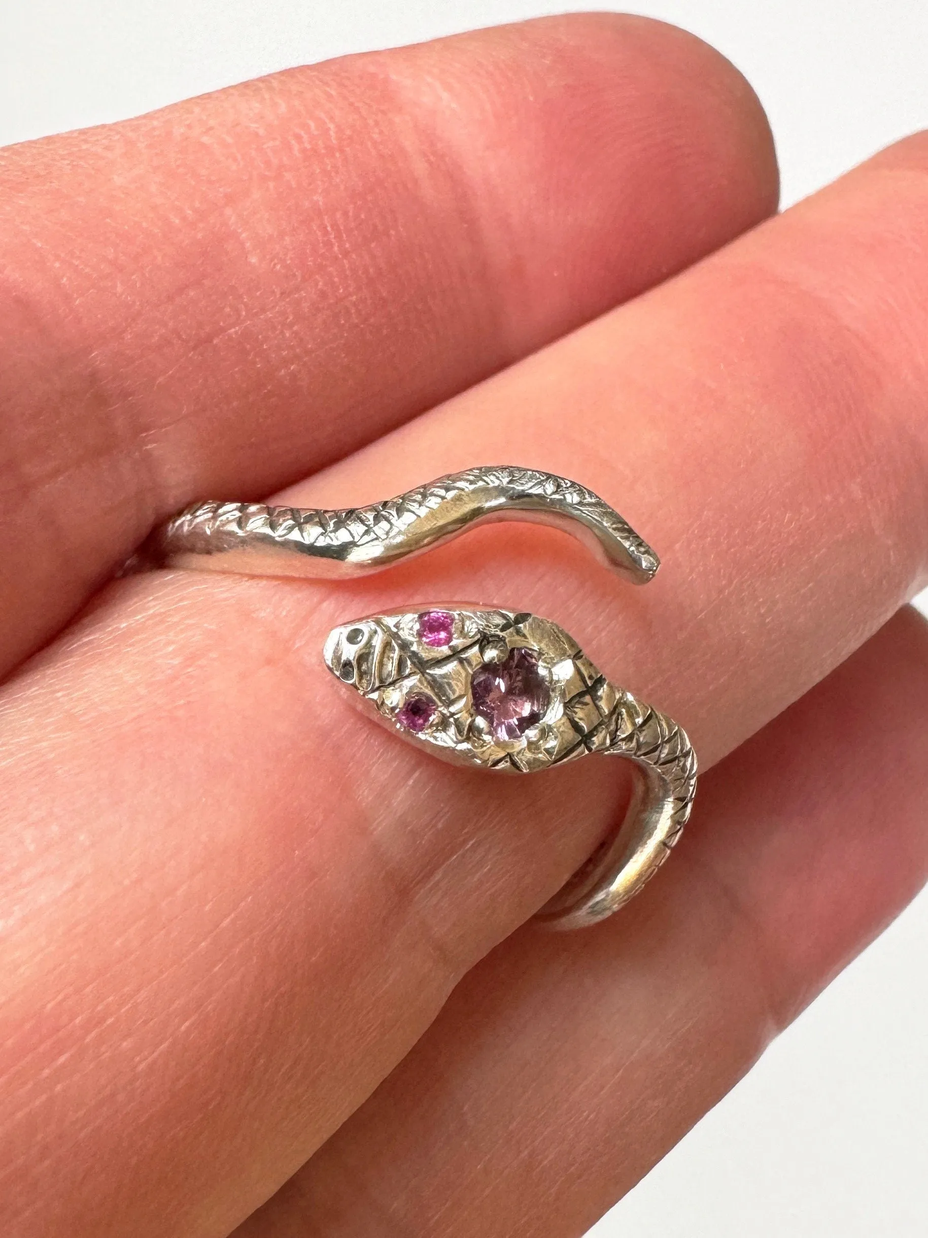 Snake Ring with Ruby Eyes and Spinel , serpent, sterling silver