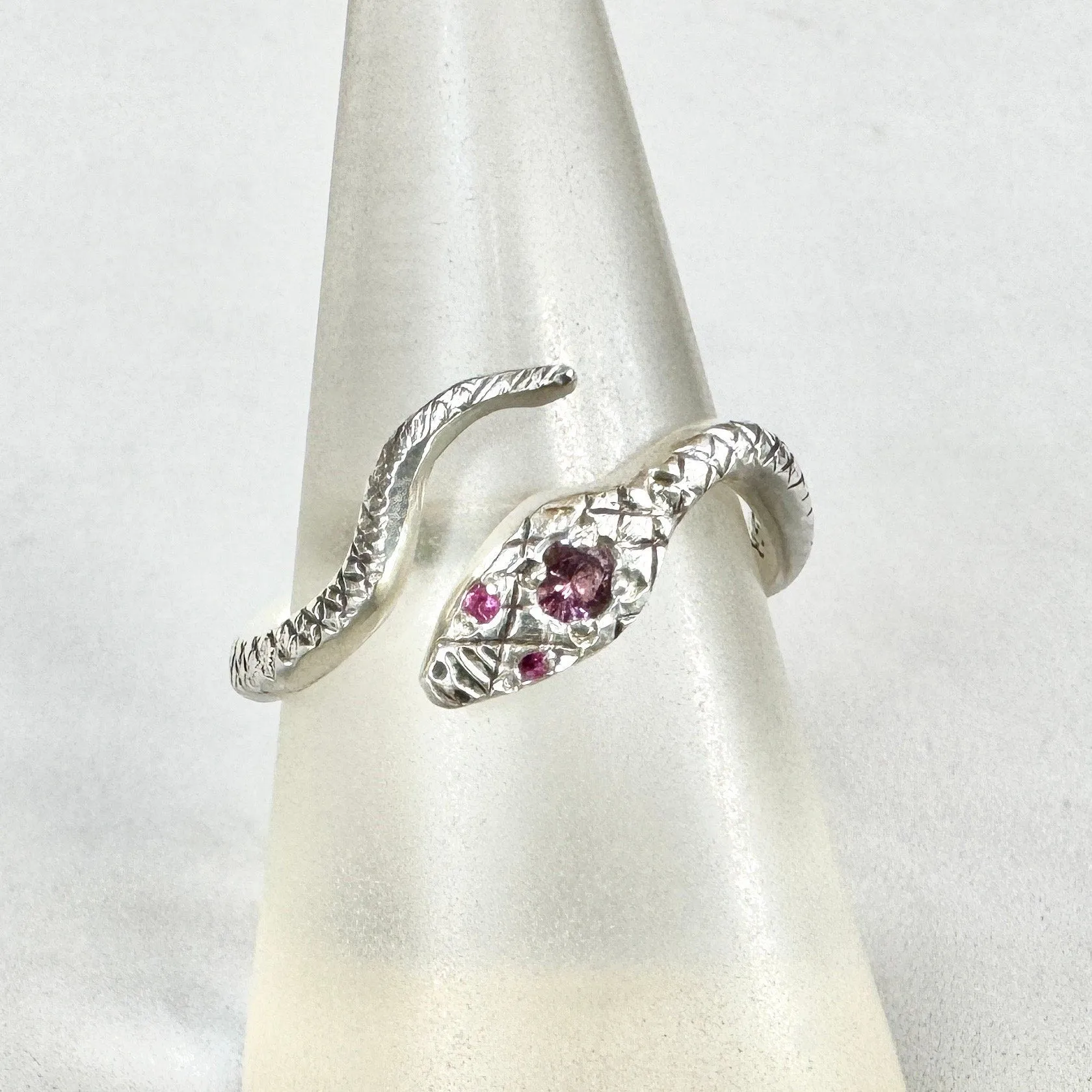 Snake Ring with Ruby Eyes and Spinel , serpent, sterling silver