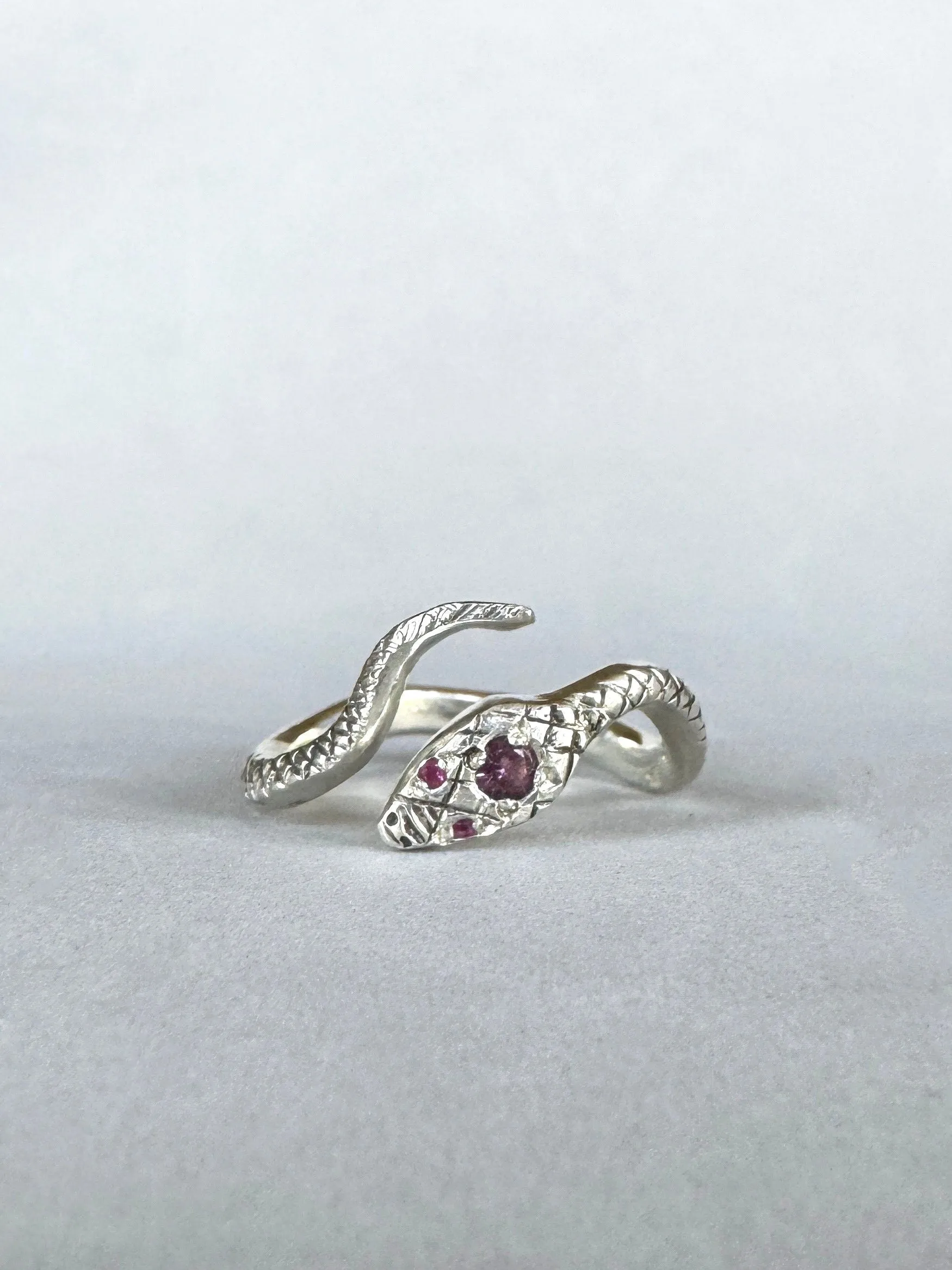 Snake Ring with Ruby Eyes and Spinel , serpent, sterling silver