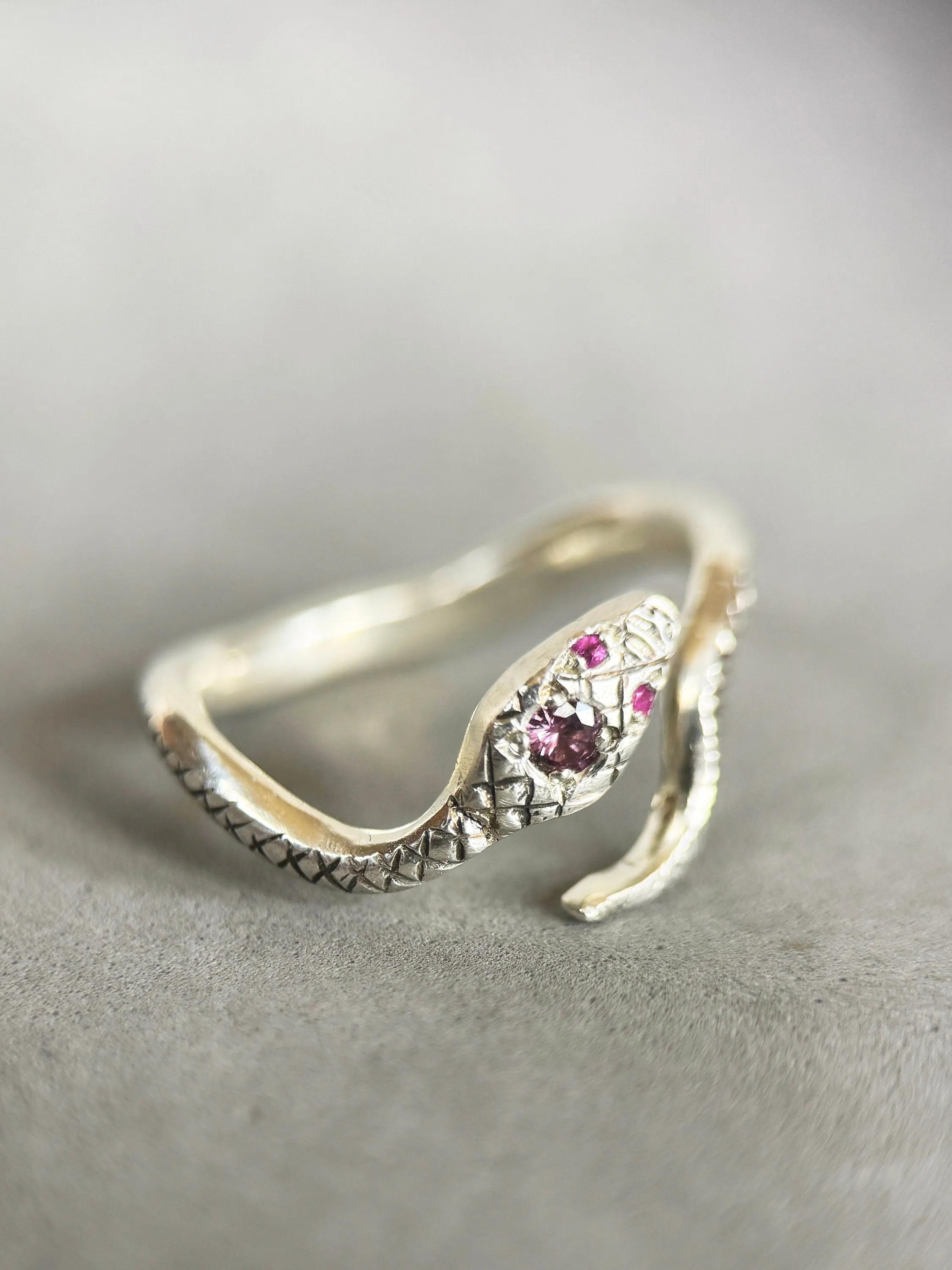 Snake Ring with Ruby Eyes and Spinel , serpent, sterling silver