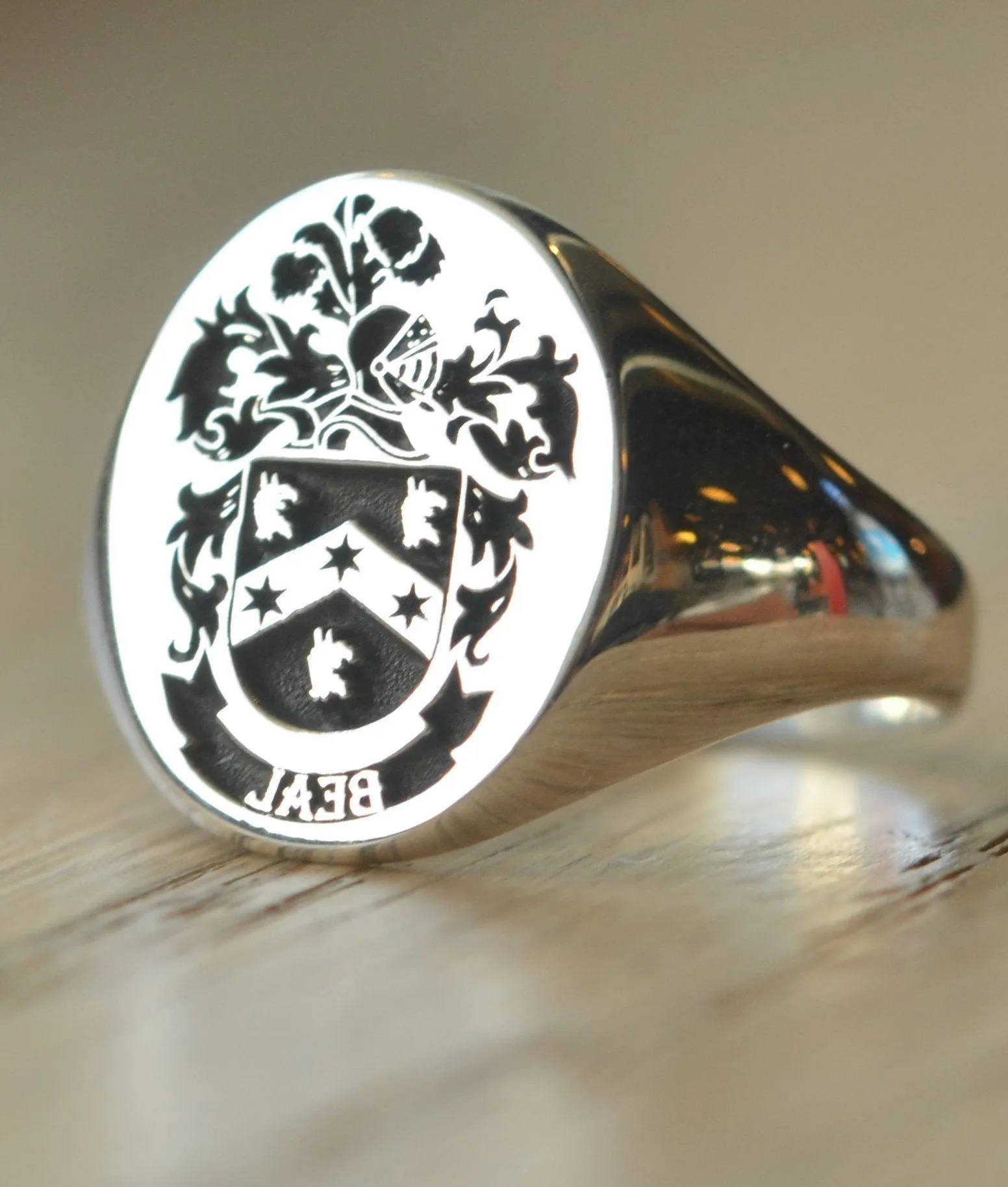 Solid Gold Custom Made Family Crest Ring - Beal Crest - Any Crest