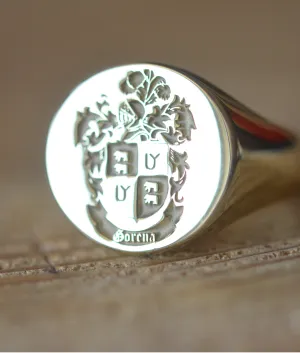 Solid Gold Custom Made Family Crest Ring - Gorena Crest - Any Crest