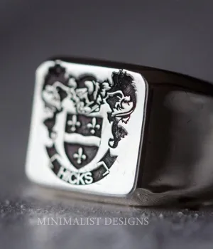 Solid Gold Personalized Square  Family Crest Ring
