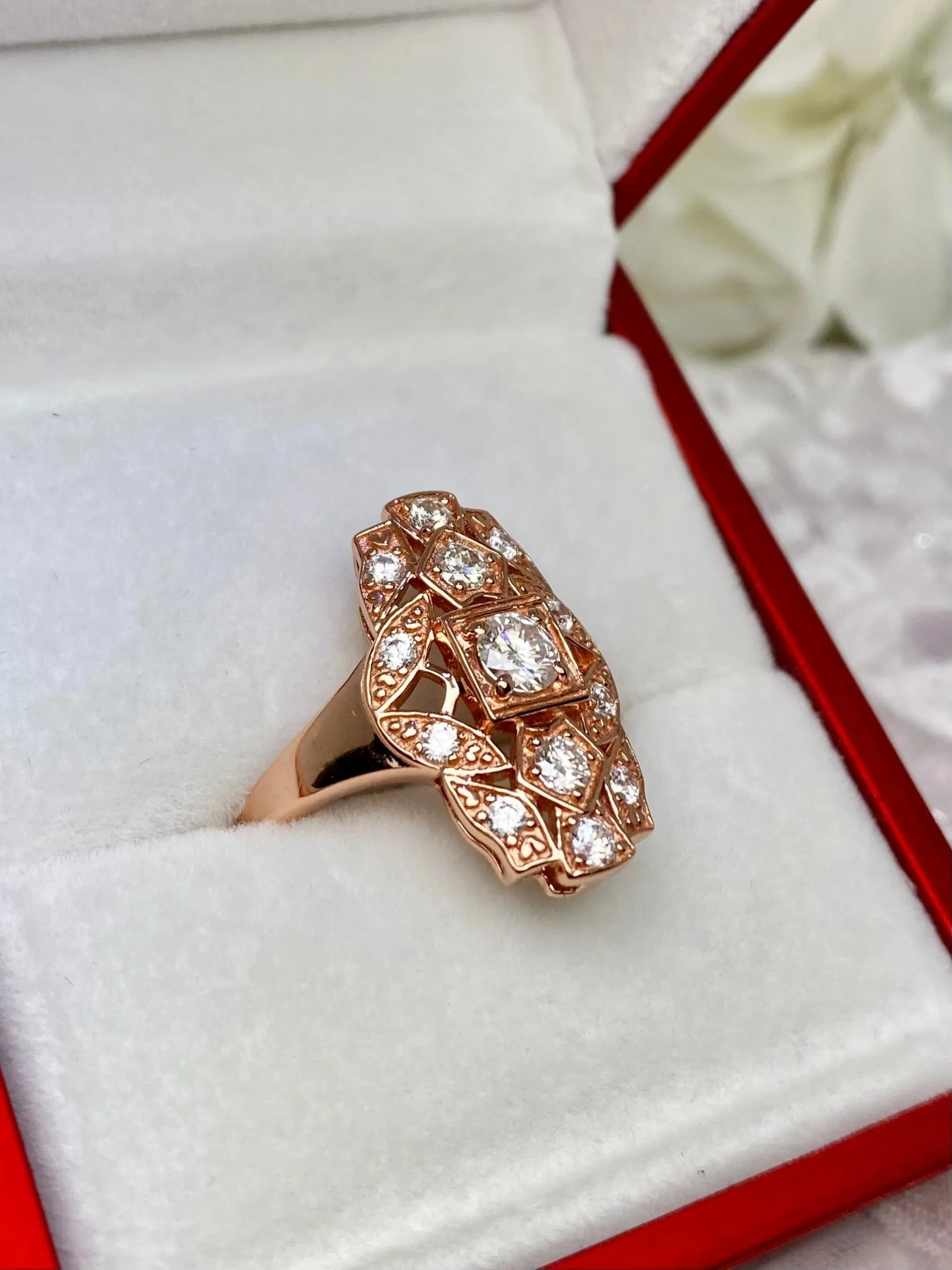 Sparkling CZ Ring, Rose Gold plated Sterling Silver, Round Gems, Flapper Era, Gatsby style Filigree, D590