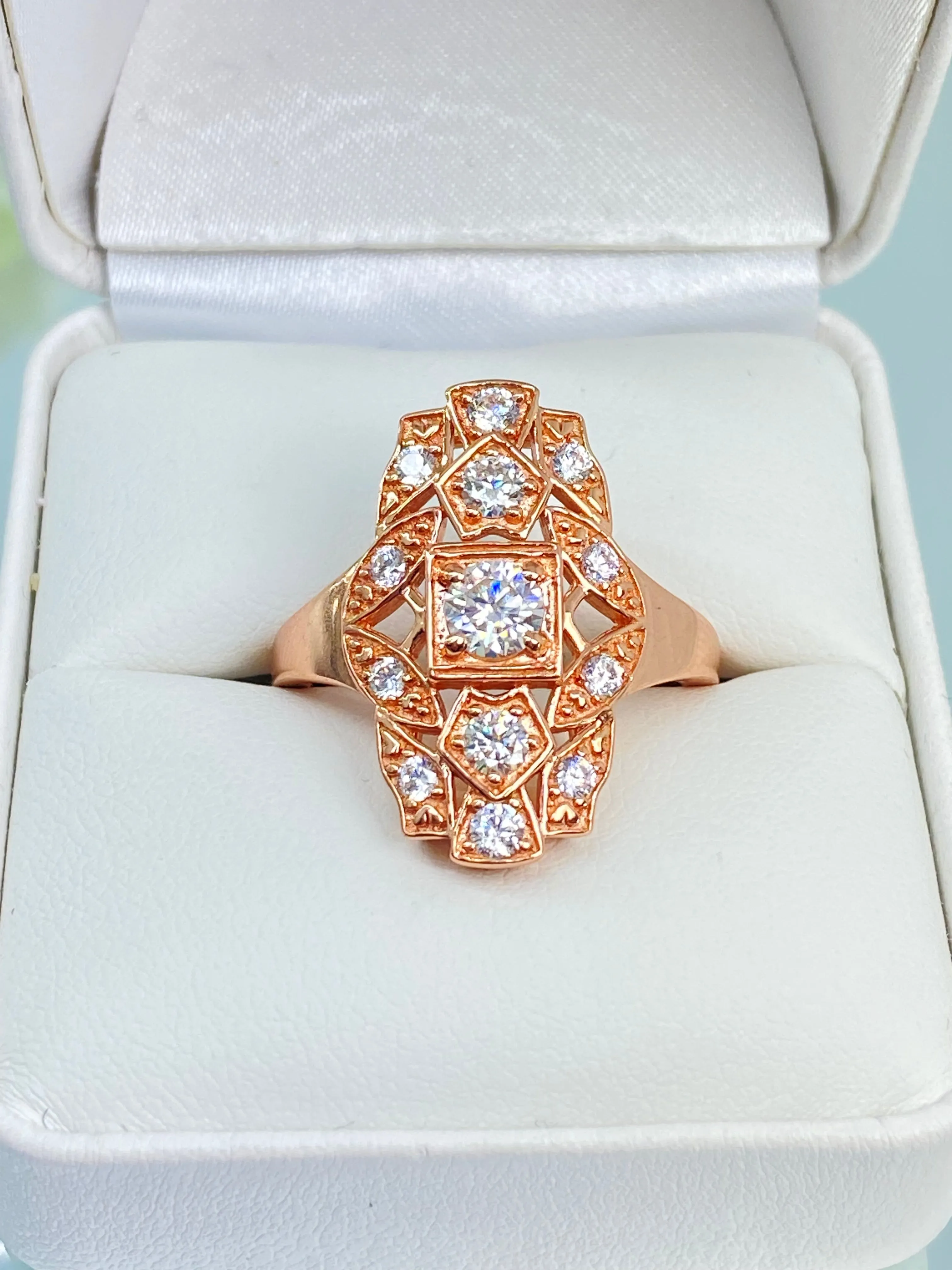 Sparkling CZ Ring, Rose Gold plated Sterling Silver, Round Gems, Flapper Era, Gatsby style Filigree, D590