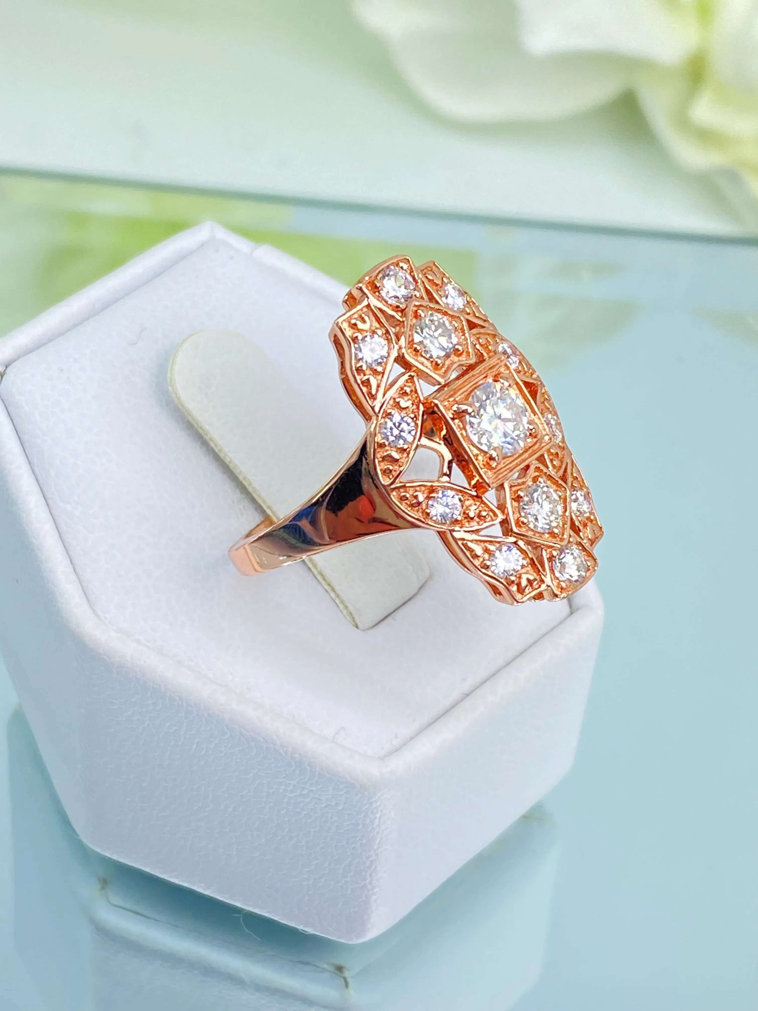 Sparkling CZ Ring, Rose Gold plated Sterling Silver, Round Gems, Flapper Era, Gatsby style Filigree, D590