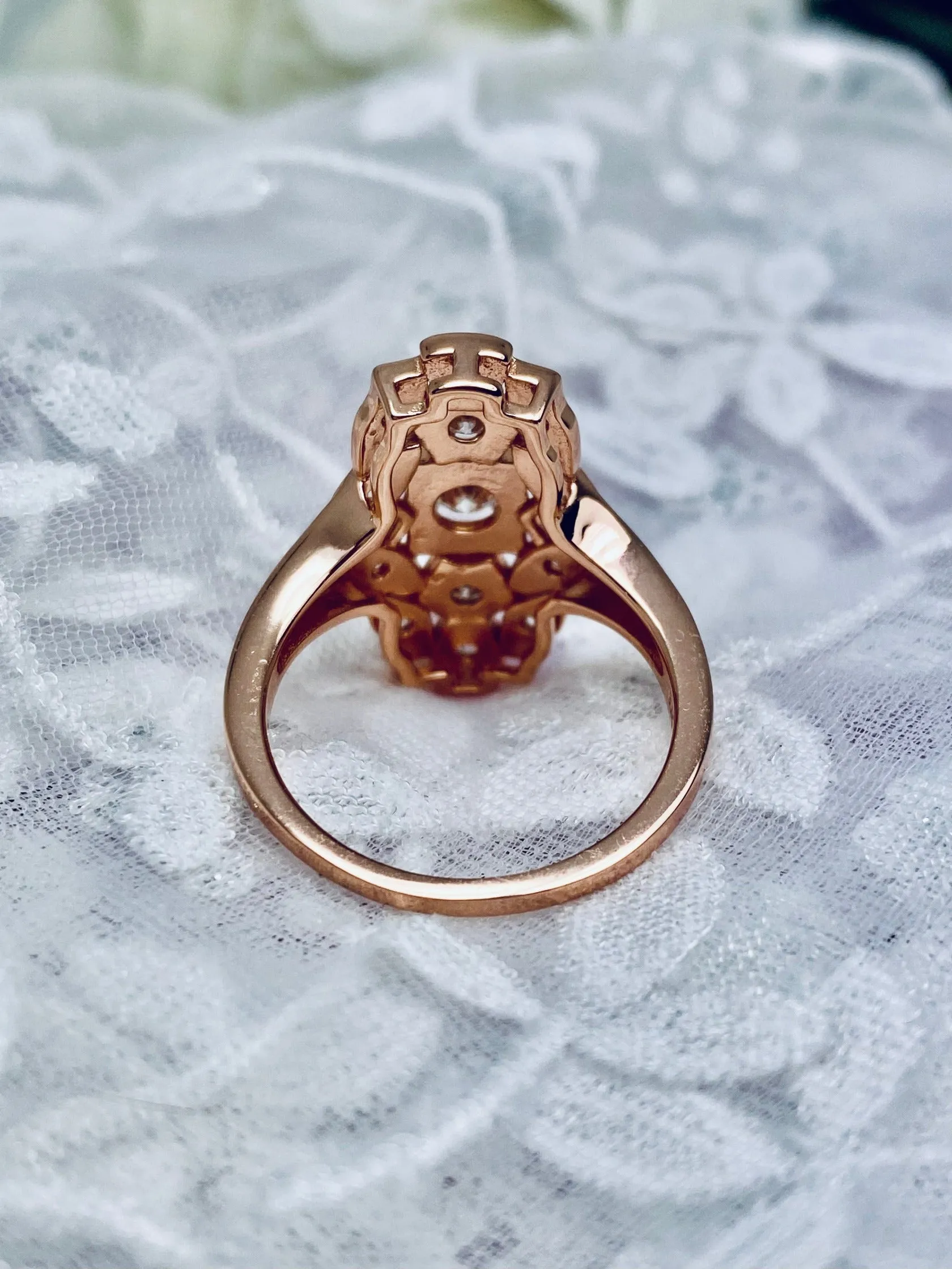 Sparkling CZ Ring, Rose Gold plated Sterling Silver, Round Gems, Flapper Era, Gatsby style Filigree, D590