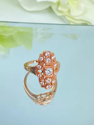 Sparkling Moissanite Ring, Size 9 Rose Gold plated Ring, Flapper Era, Gatsby style Filigree, D590 - Ready to Ship