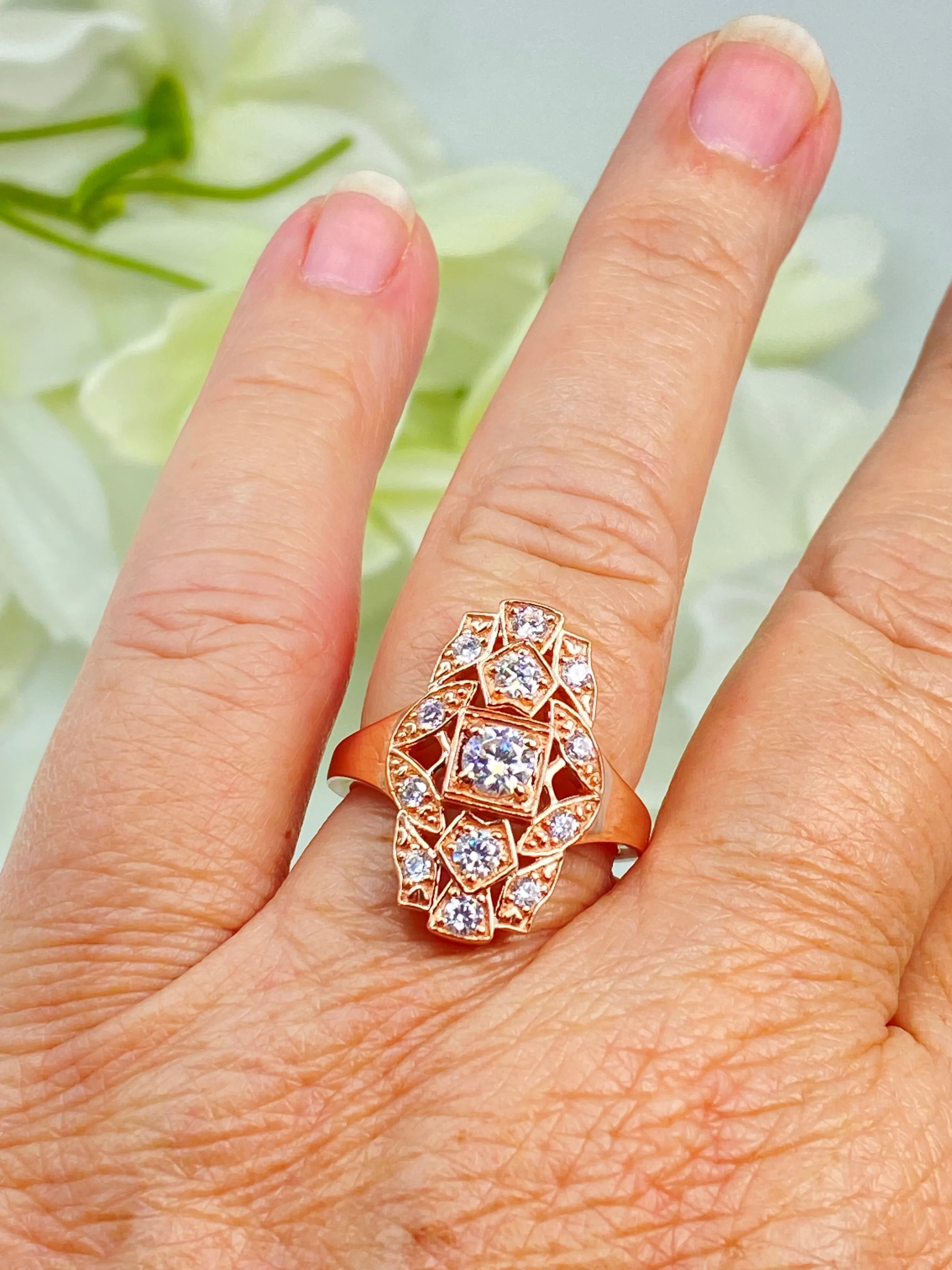 Sparkling Moissanite Ring, Size 9 Rose Gold plated Ring, Flapper Era, Gatsby style Filigree, D590 - Ready to Ship