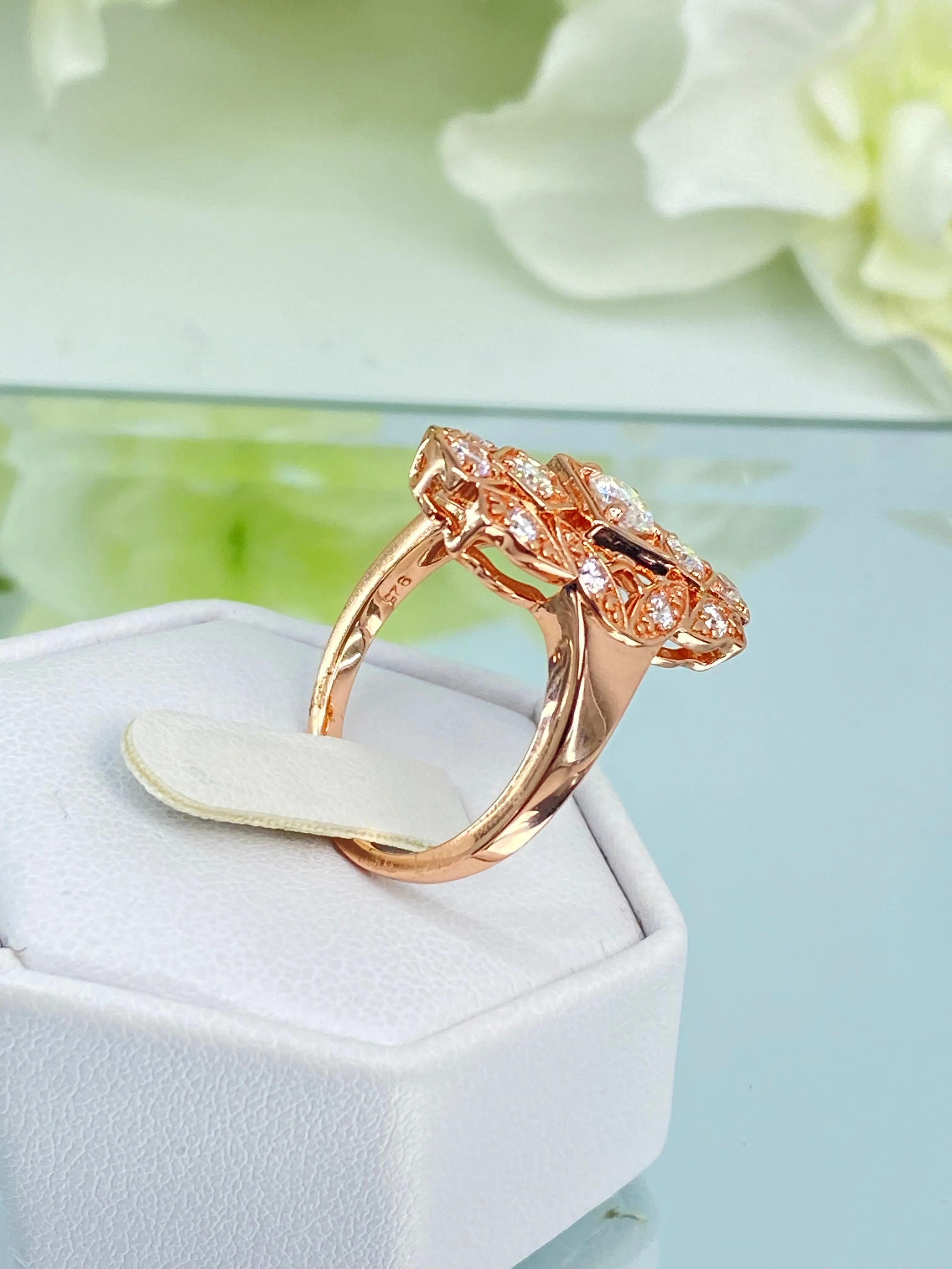 Sparkling Moissanite Ring, Size 9 Rose Gold plated Ring, Flapper Era, Gatsby style Filigree, D590 - Ready to Ship