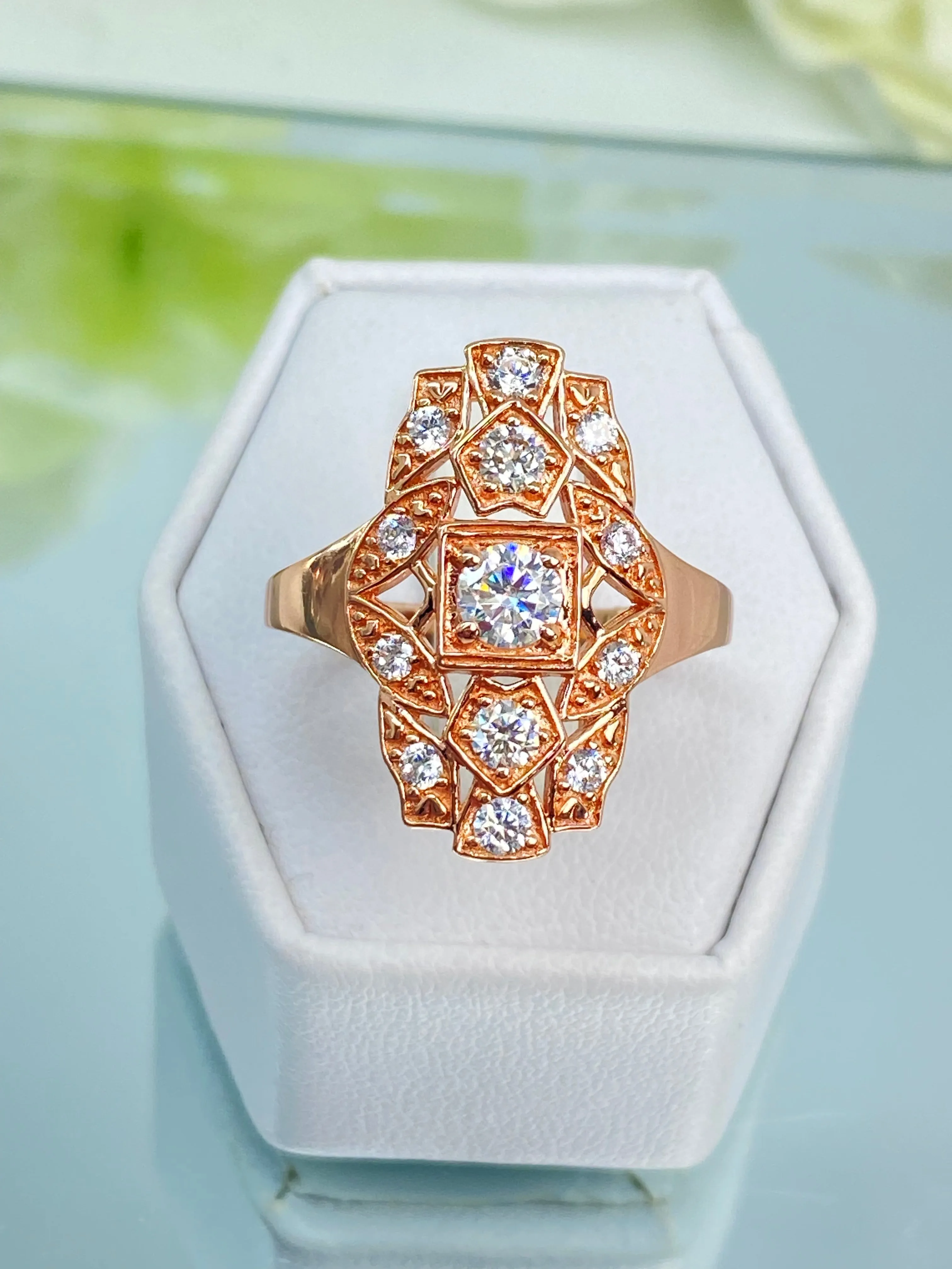 Sparkling Moissanite Ring, Size 9 Rose Gold plated Ring, Flapper Era, Gatsby style Filigree, D590 - Ready to Ship