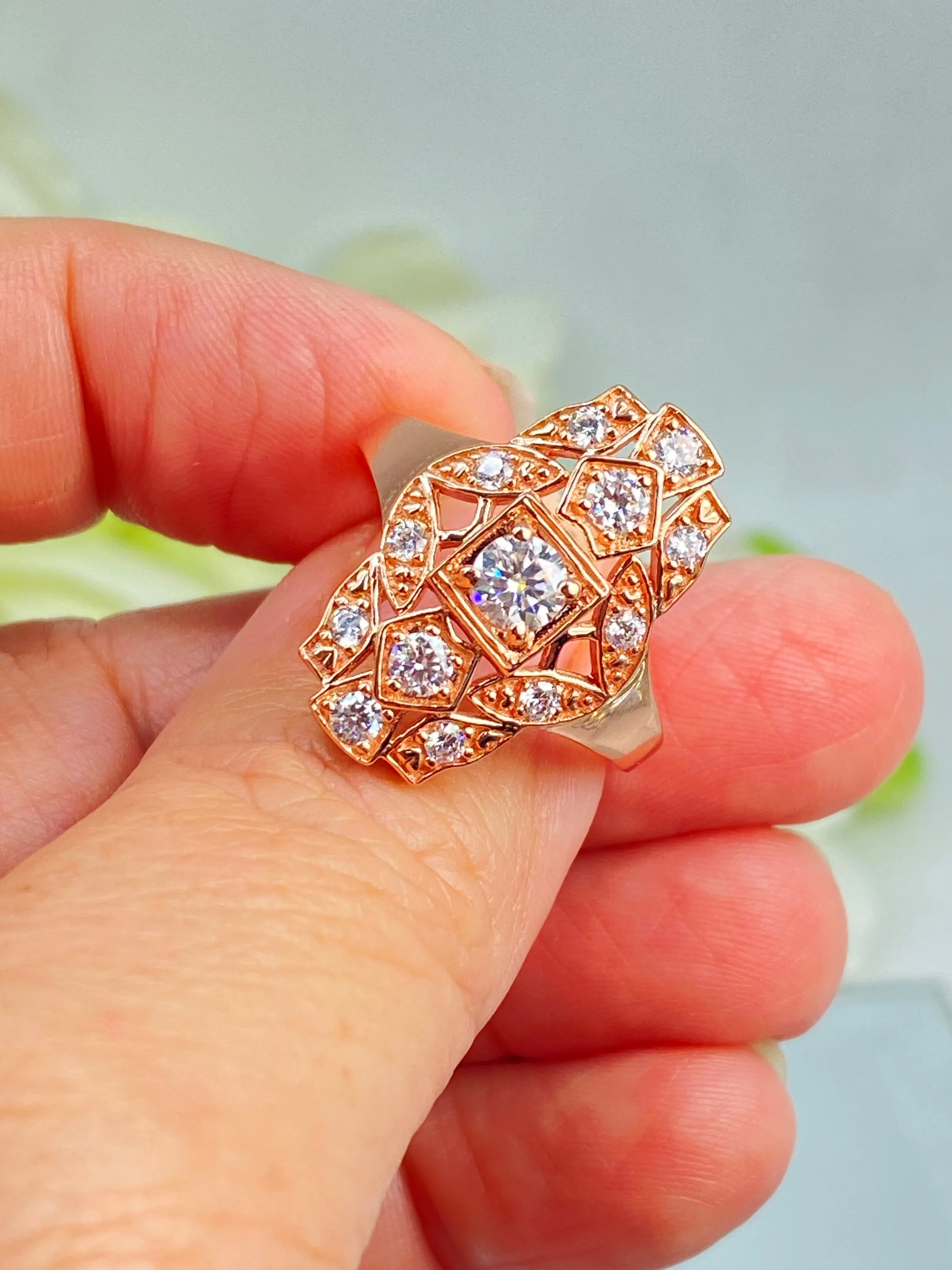 Sparkling Moissanite Ring, Size 9 Rose Gold plated Ring, Flapper Era, Gatsby style Filigree, D590 - Ready to Ship