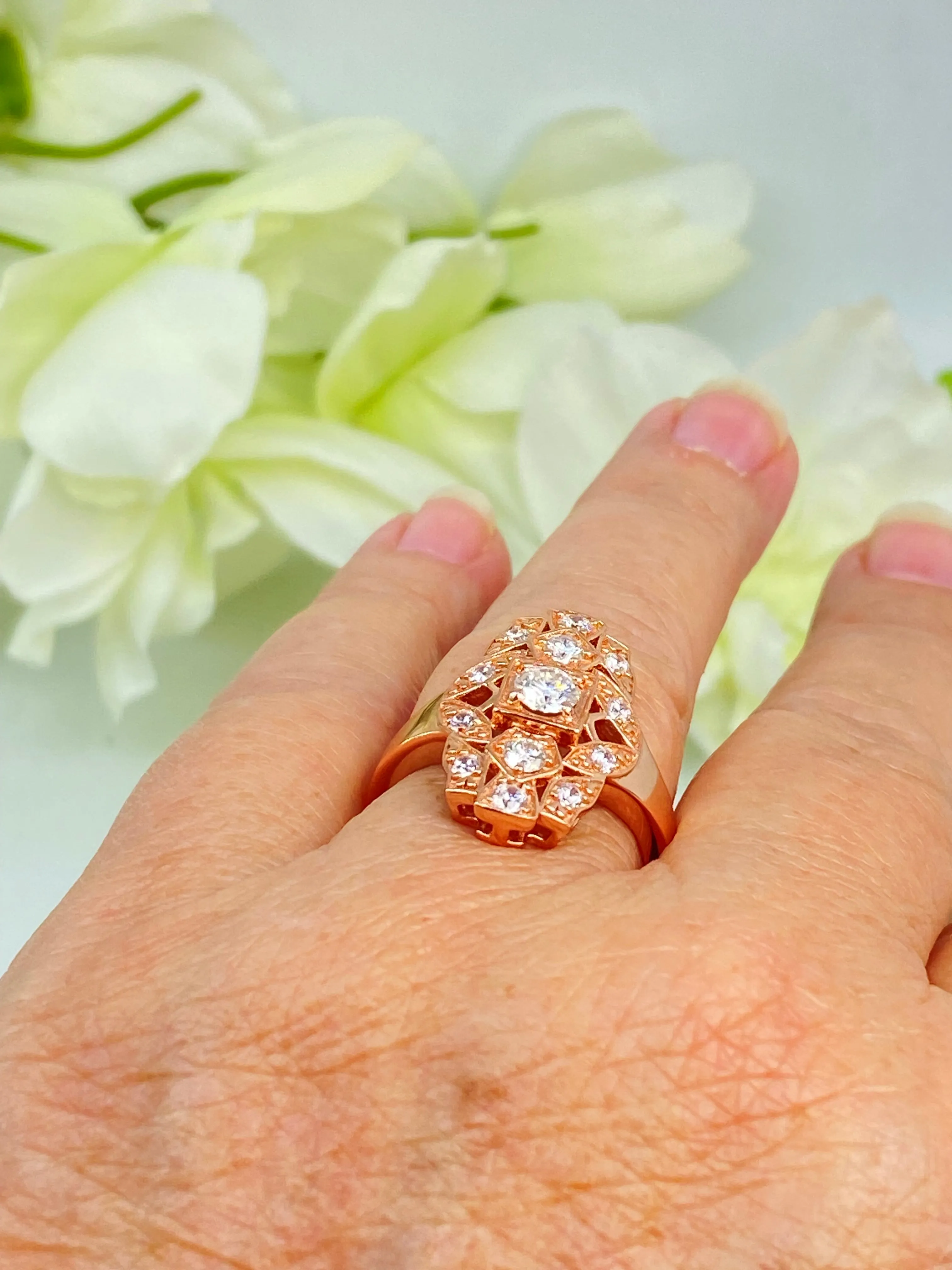 Sparkling Moissanite Ring, Size 9 Rose Gold plated Ring, Flapper Era, Gatsby style Filigree, D590 - Ready to Ship