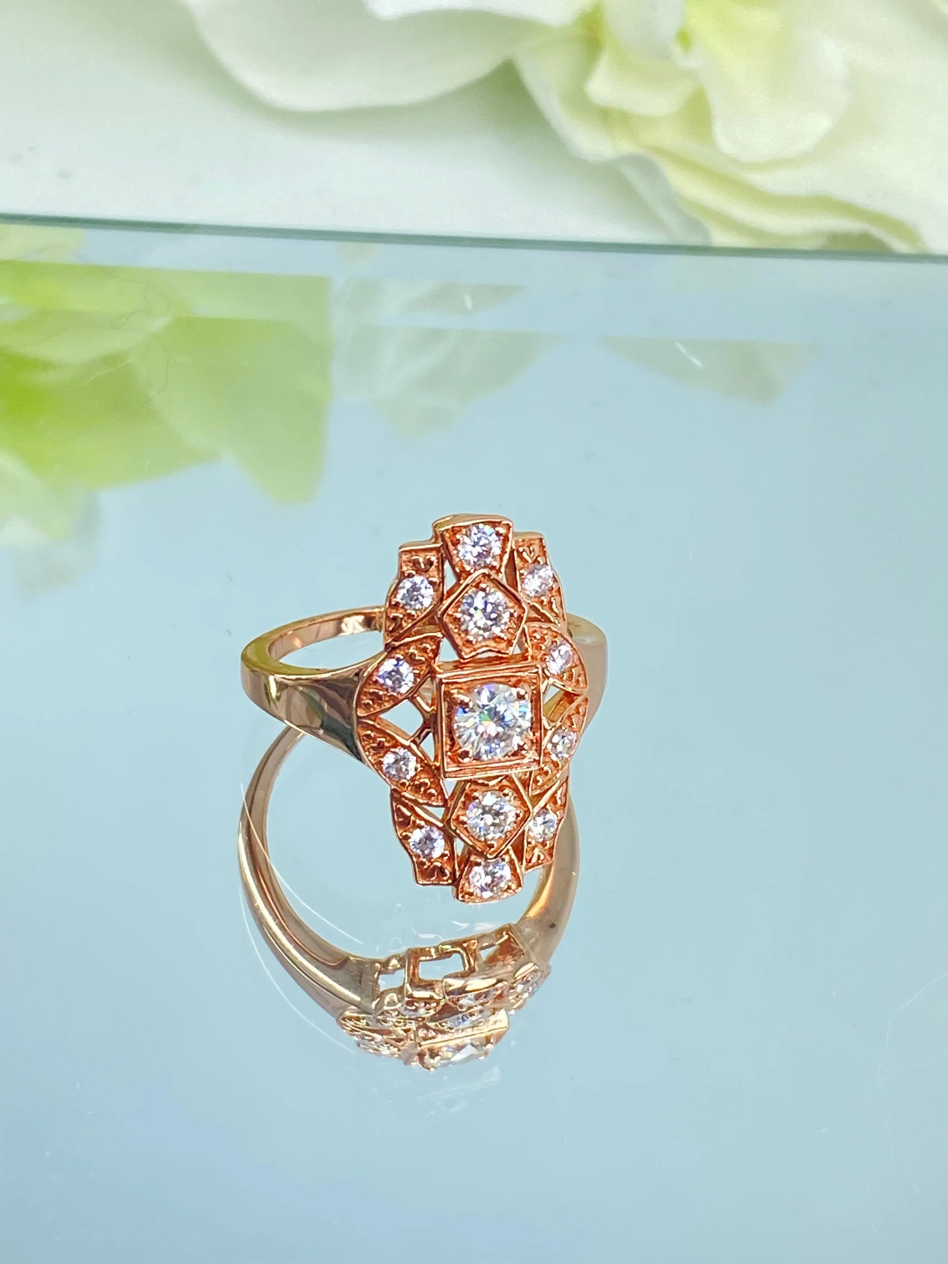 Sparkling Moissanite Ring, Size 9 Rose Gold plated Ring, Flapper Era, Gatsby style Filigree, D590 - Ready to Ship