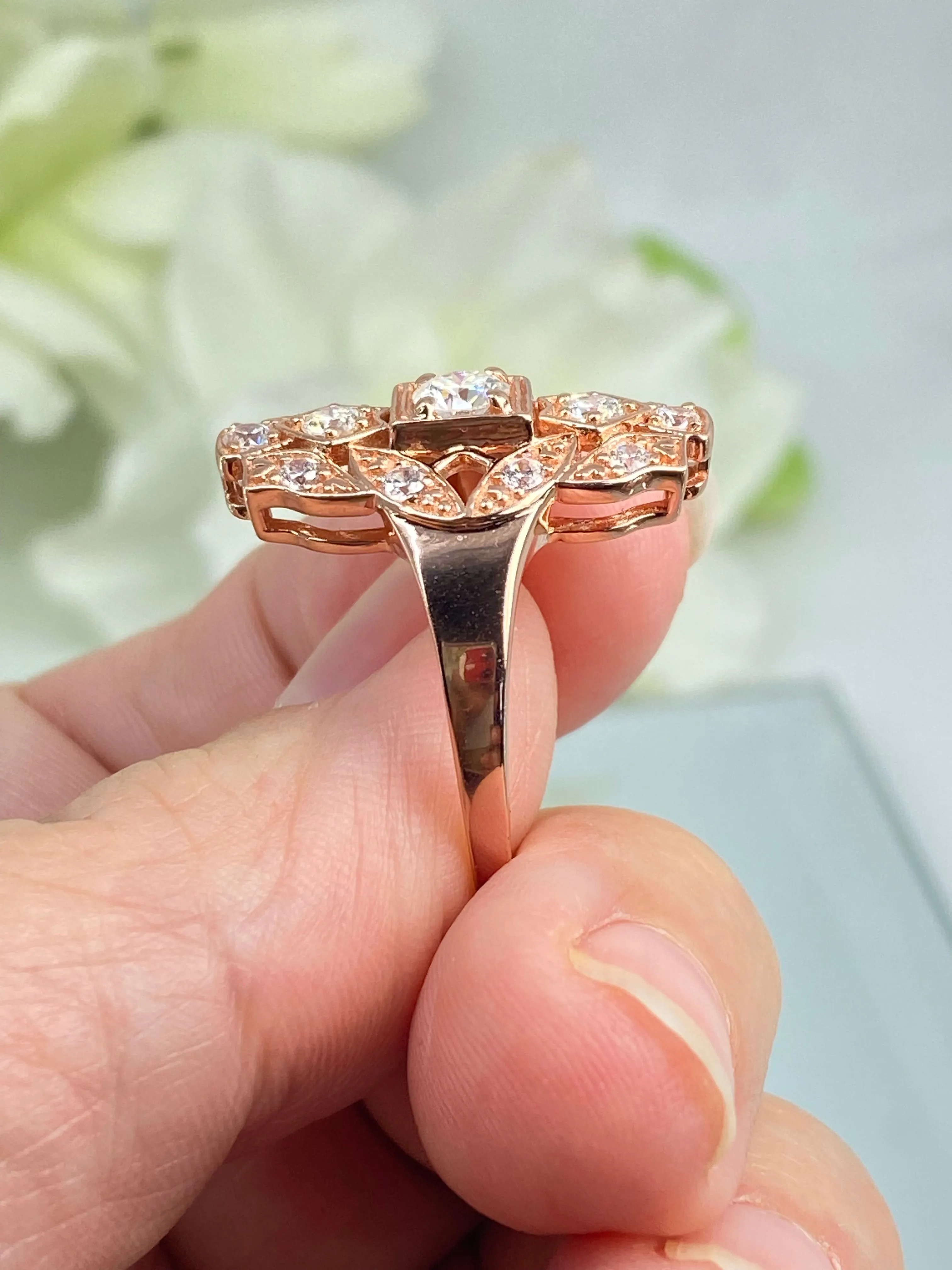 Sparkling Moissanite Ring, Size 9 Rose Gold plated Ring, Flapper Era, Gatsby style Filigree, D590 - Ready to Ship