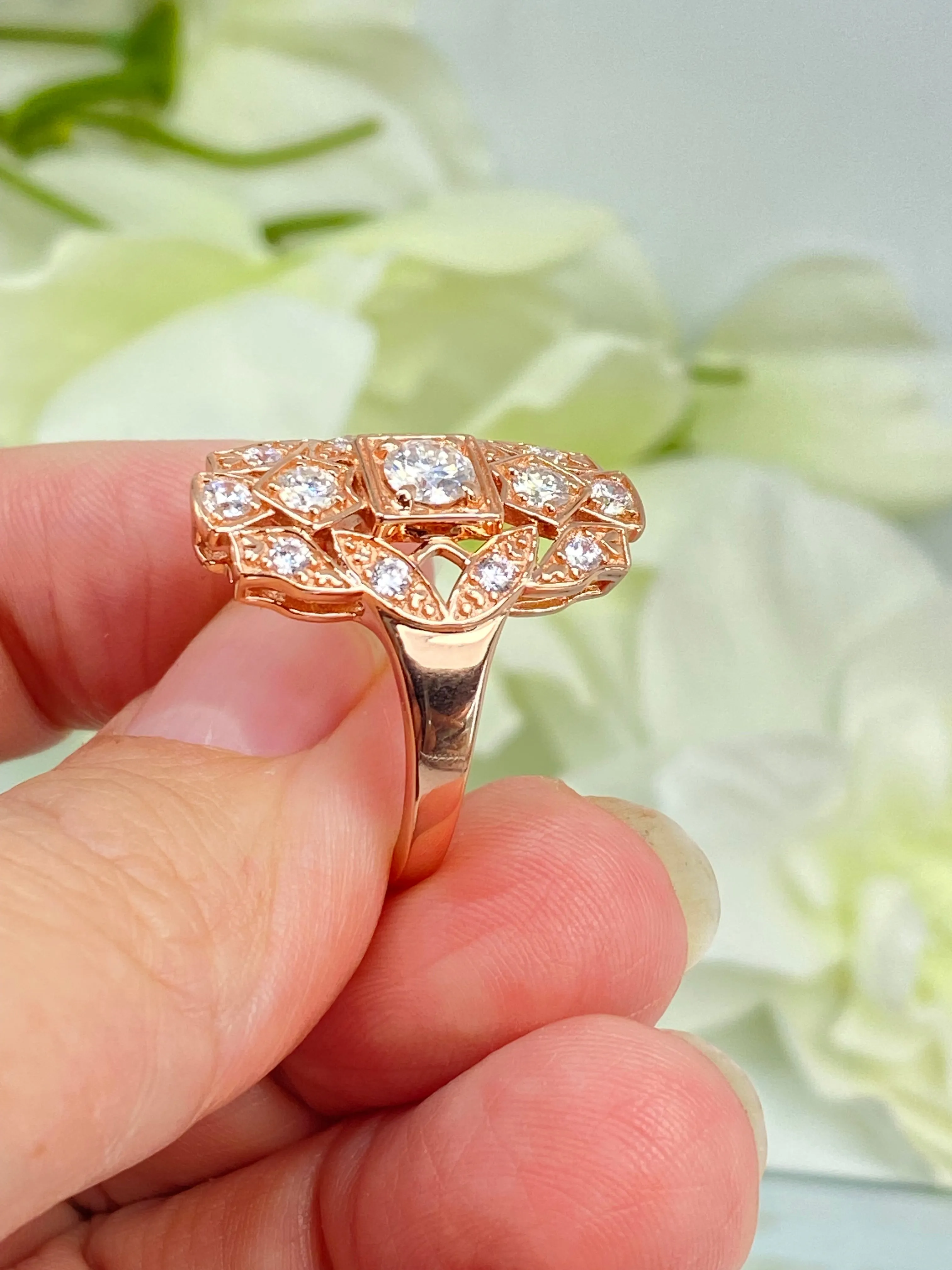 Sparkling Moissanite Ring, Size 9 Rose Gold plated Ring, Flapper Era, Gatsby style Filigree, D590 - Ready to Ship