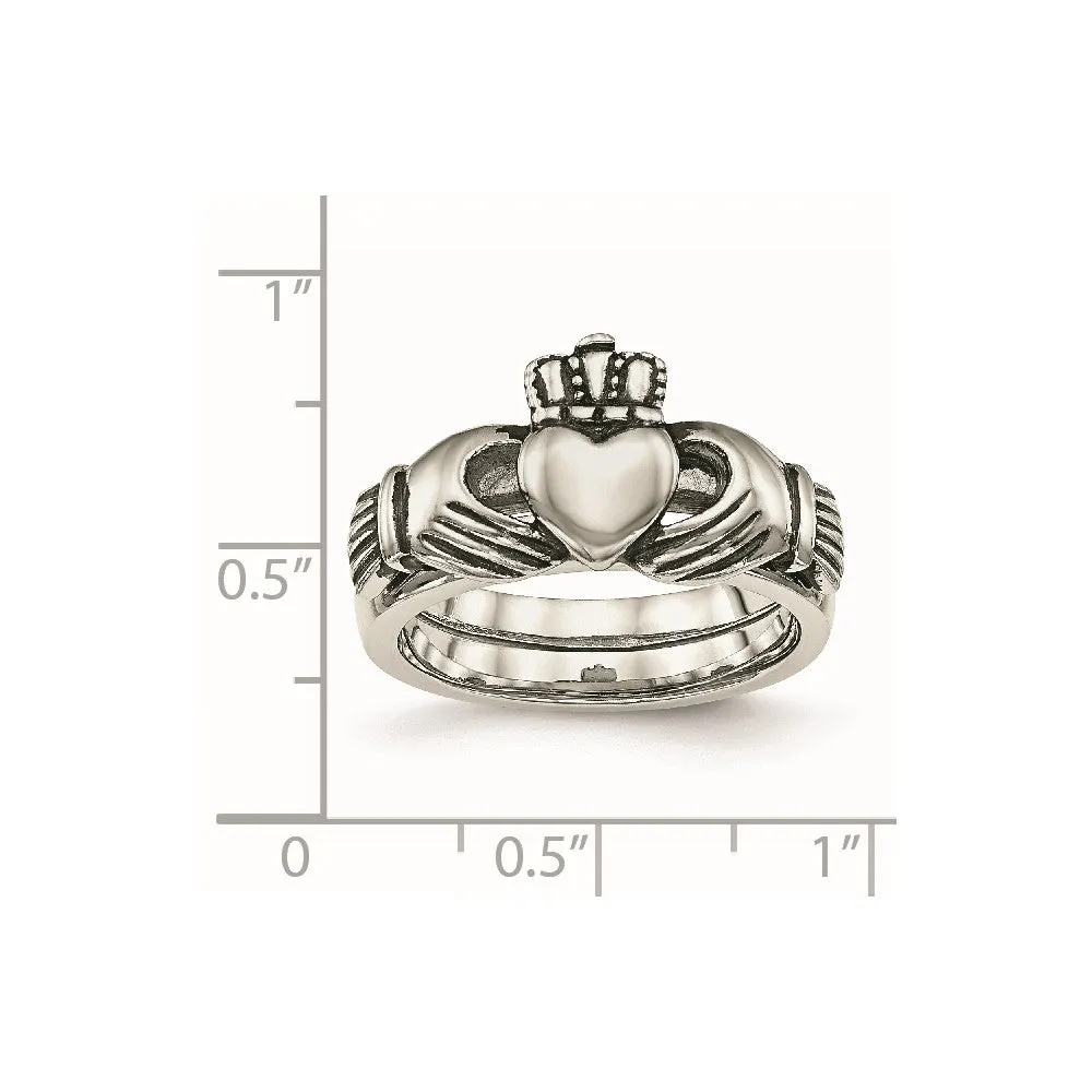 Stainless Steel Antiqued Love, Loyalty, Friendship Claddagh Hinged Ring
