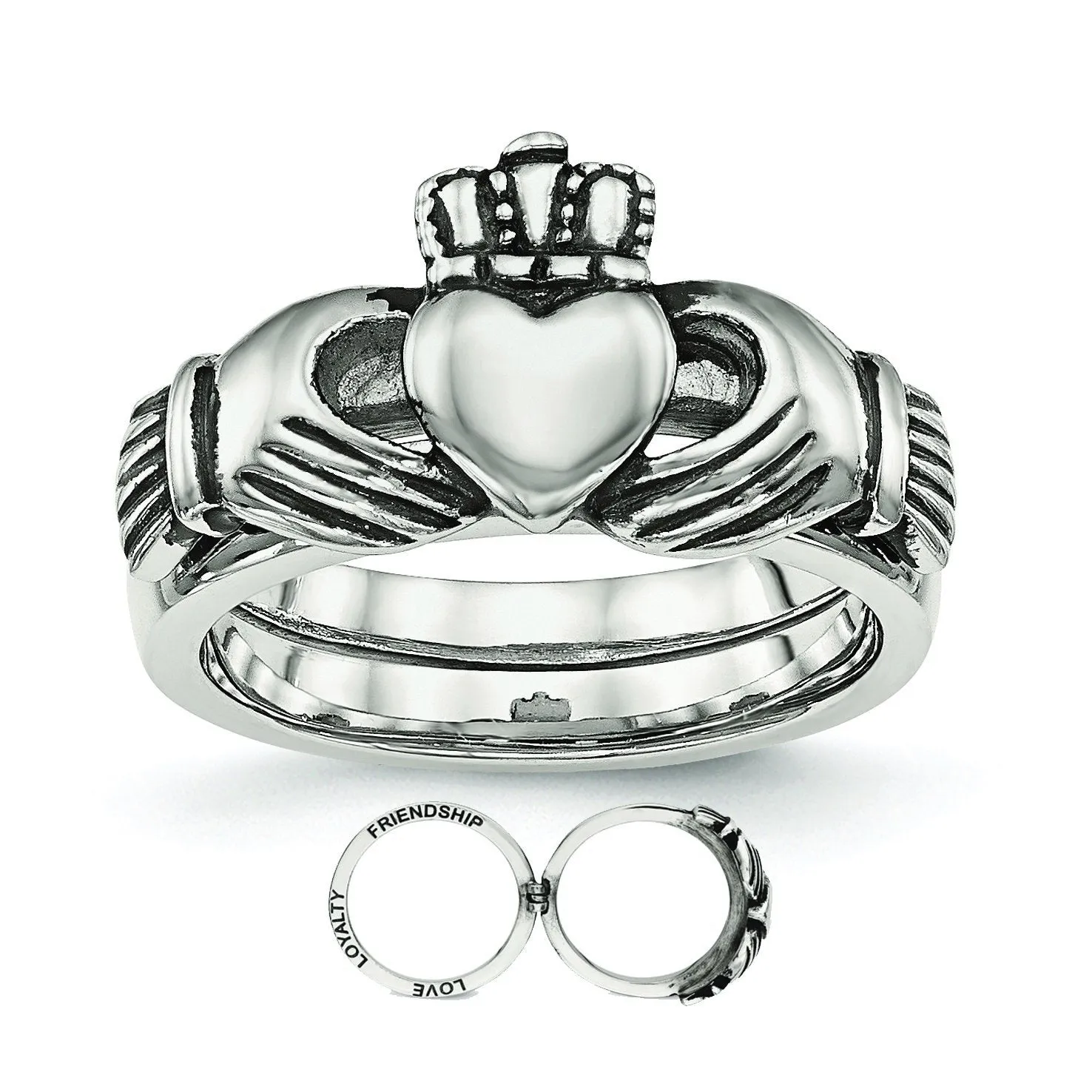 Stainless Steel Love, Loyalty, Friendship Claddagh Double Hinged Ring