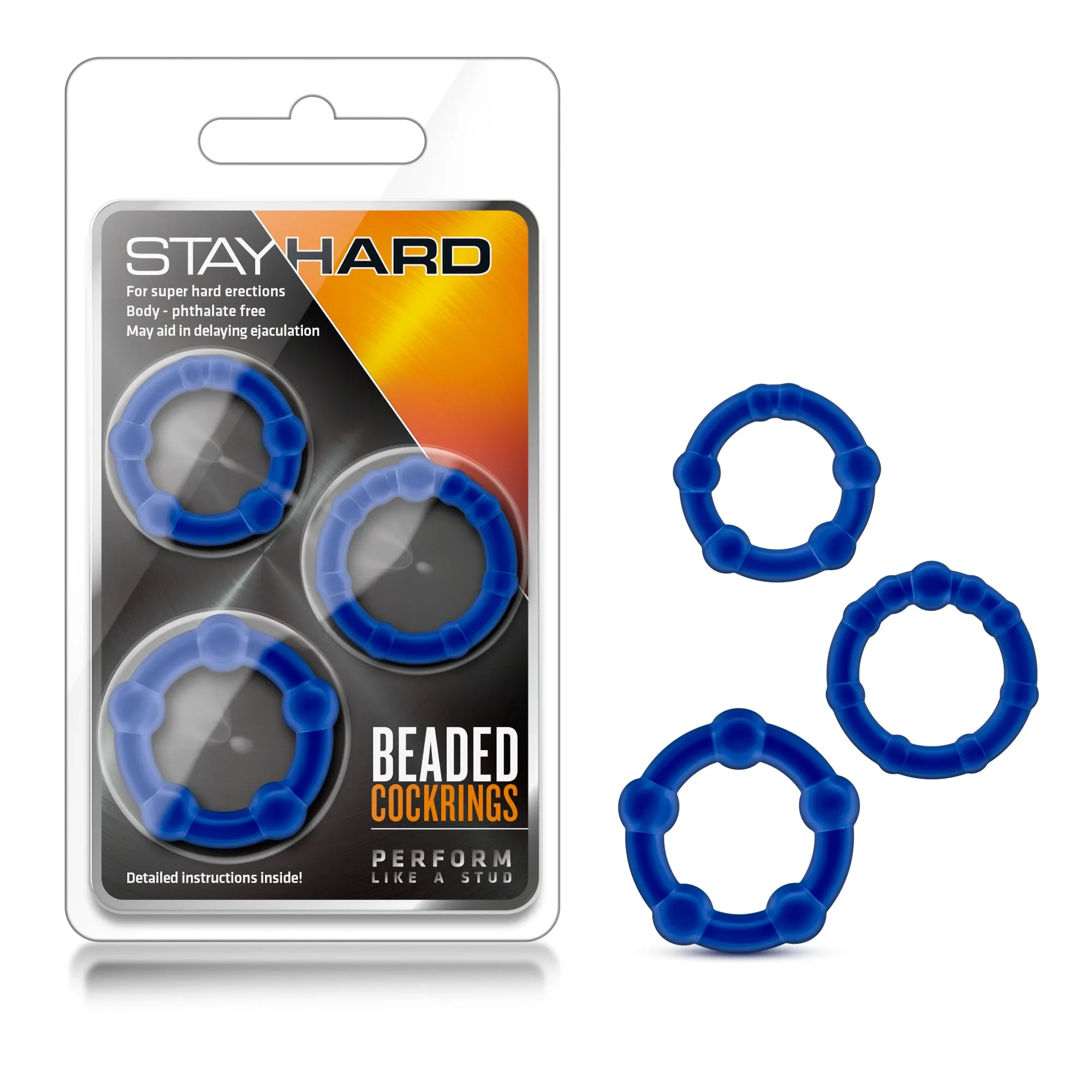 Stay Hard Beaded Cock Rings - Blue - Set of 3 - Enhance Erection and Stamina