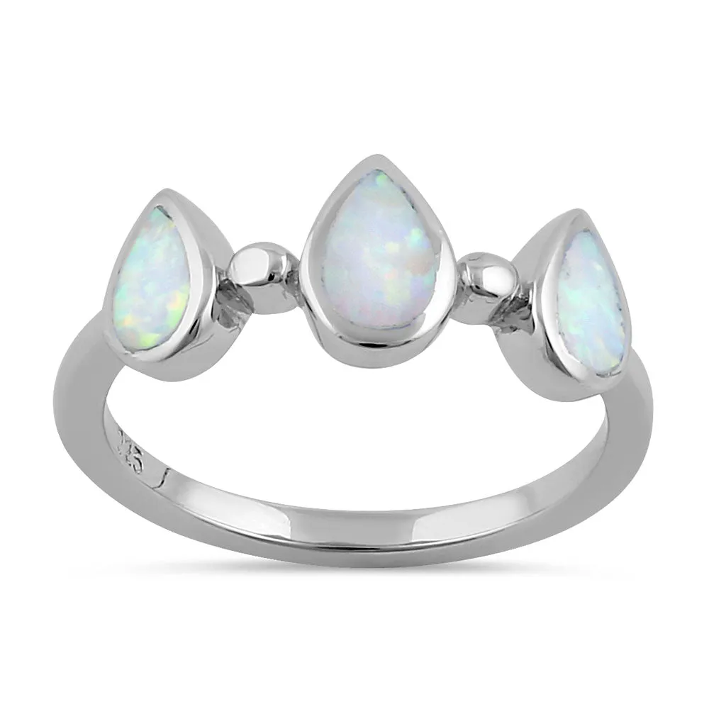 Sterling Silver White Lab Opal Pear Droplets Ring