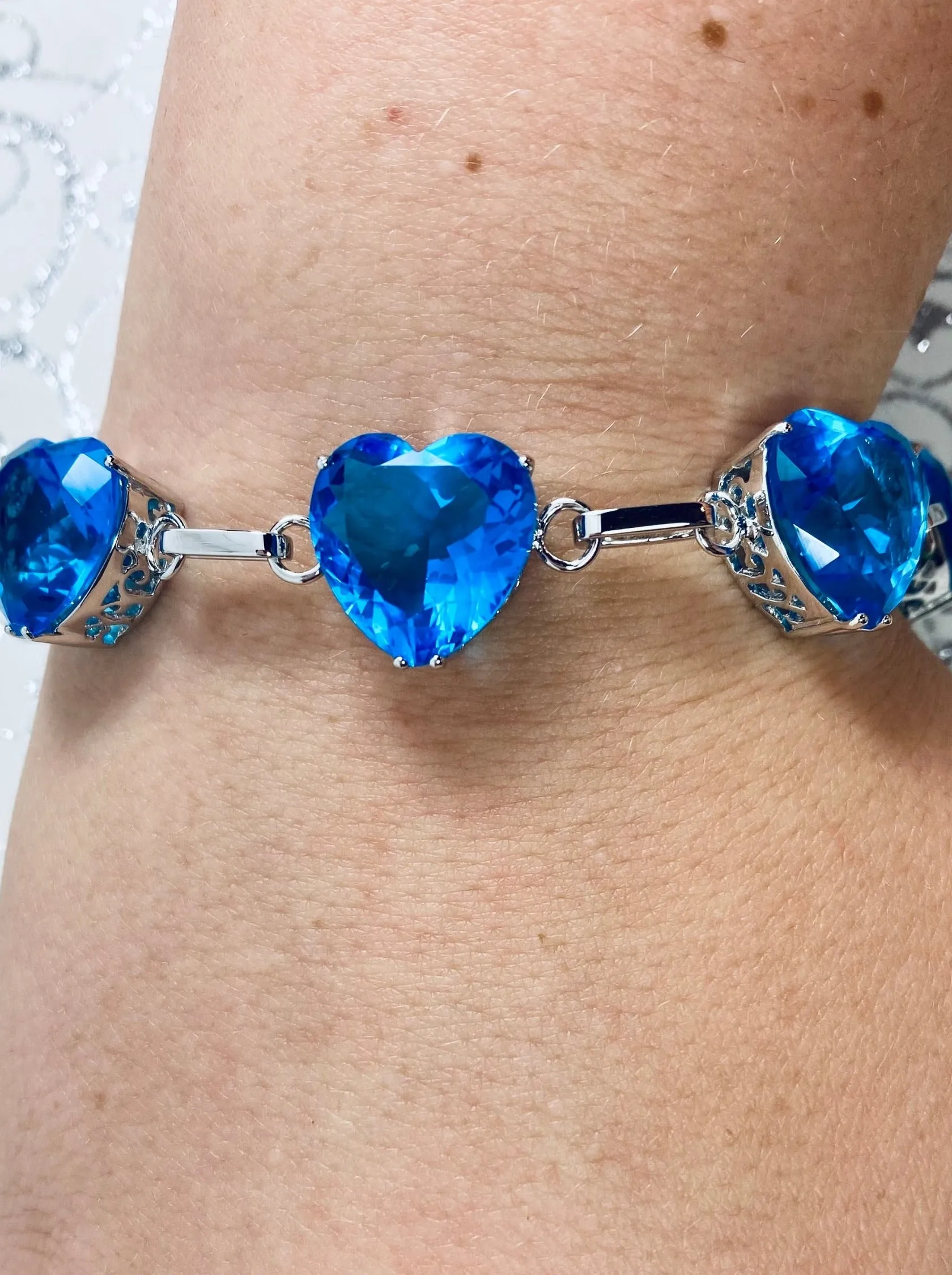 Swiss Blue Topaz Bracelet, Heart Gems, Victorian Reproduction Jewelry #B38