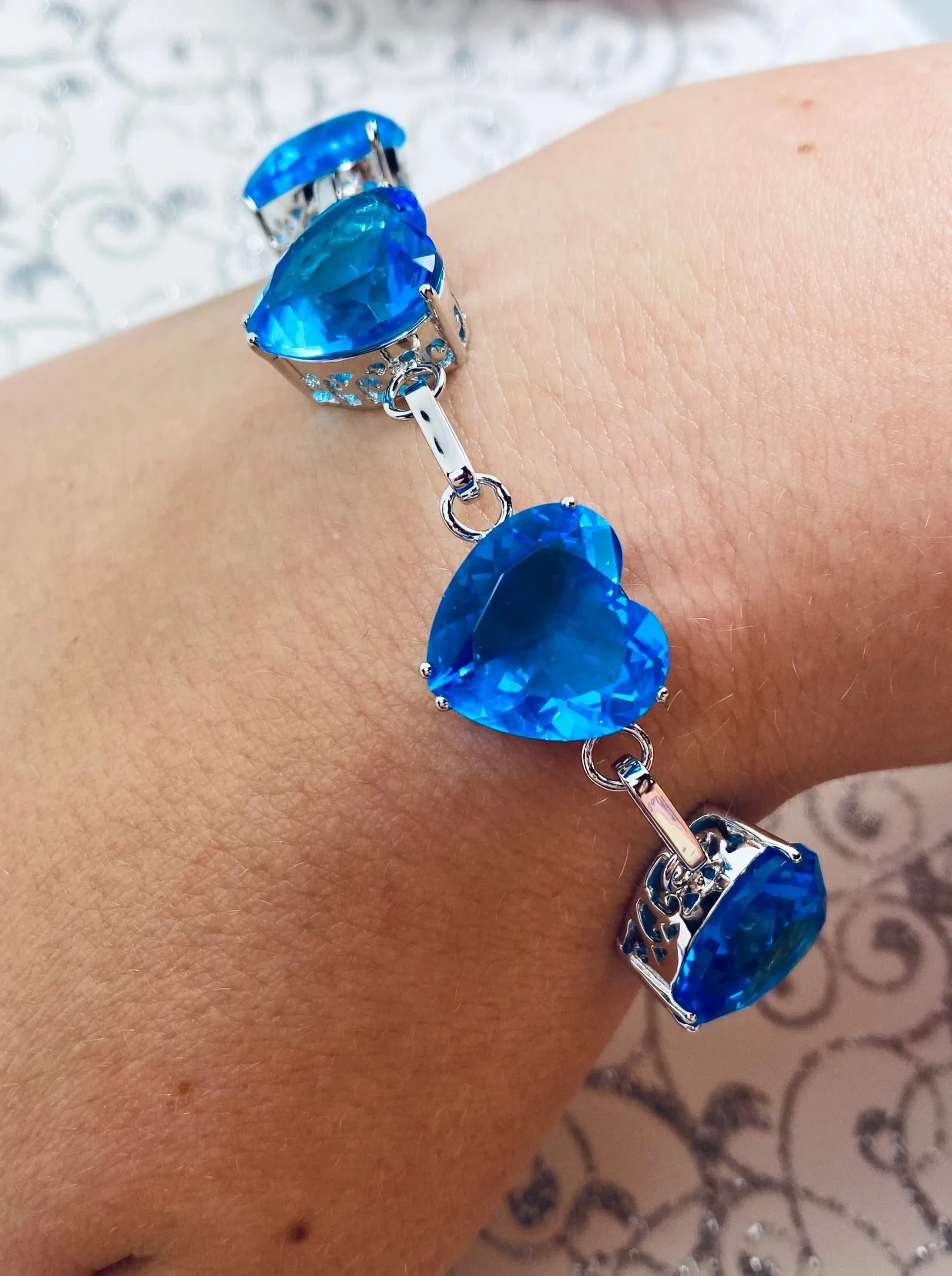 Swiss Blue Topaz Bracelet, Heart Gems, Victorian Reproduction Jewelry #B38