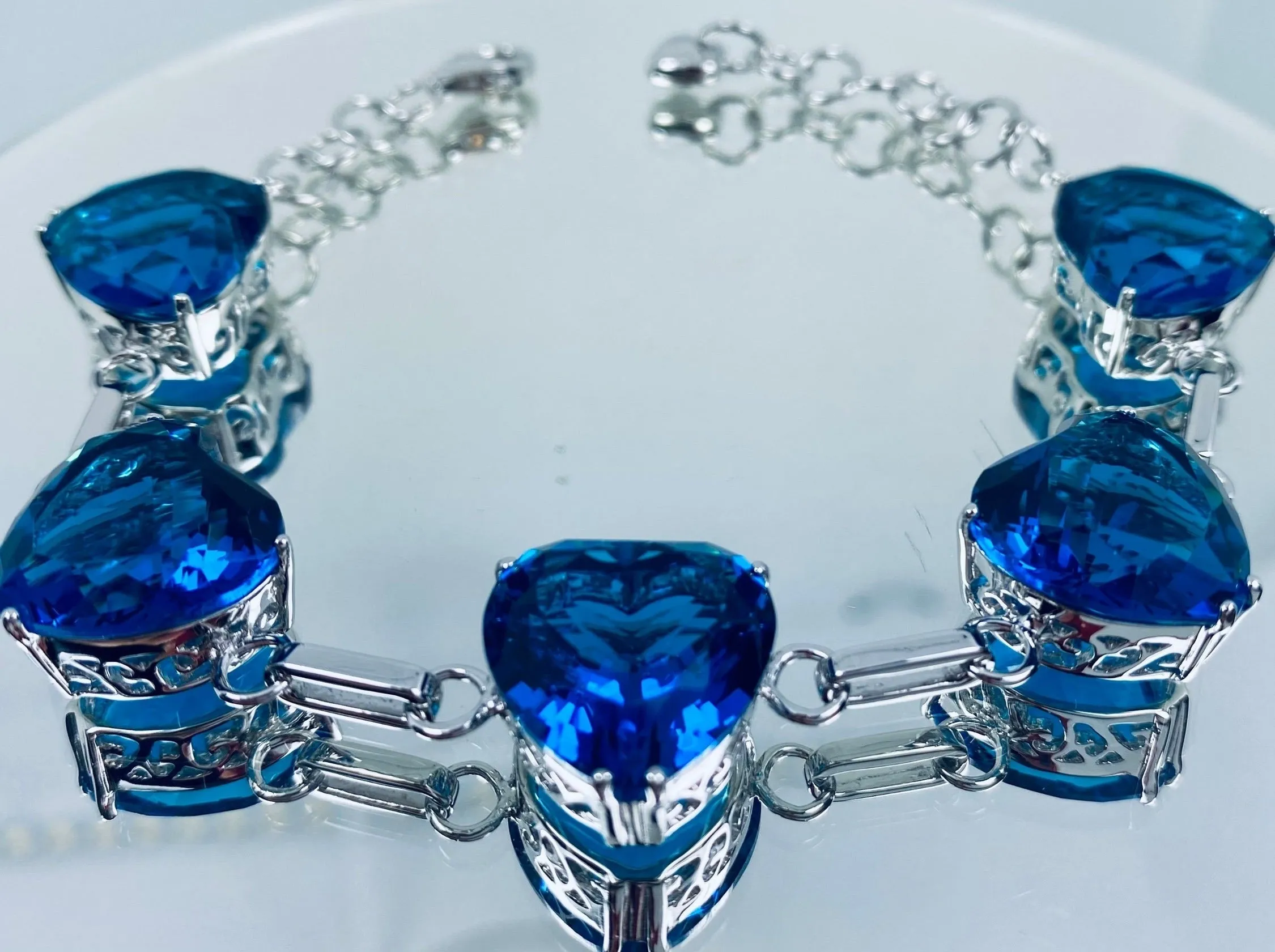 Swiss Blue Topaz Bracelet, Heart Gems, Victorian Reproduction Jewelry #B38
