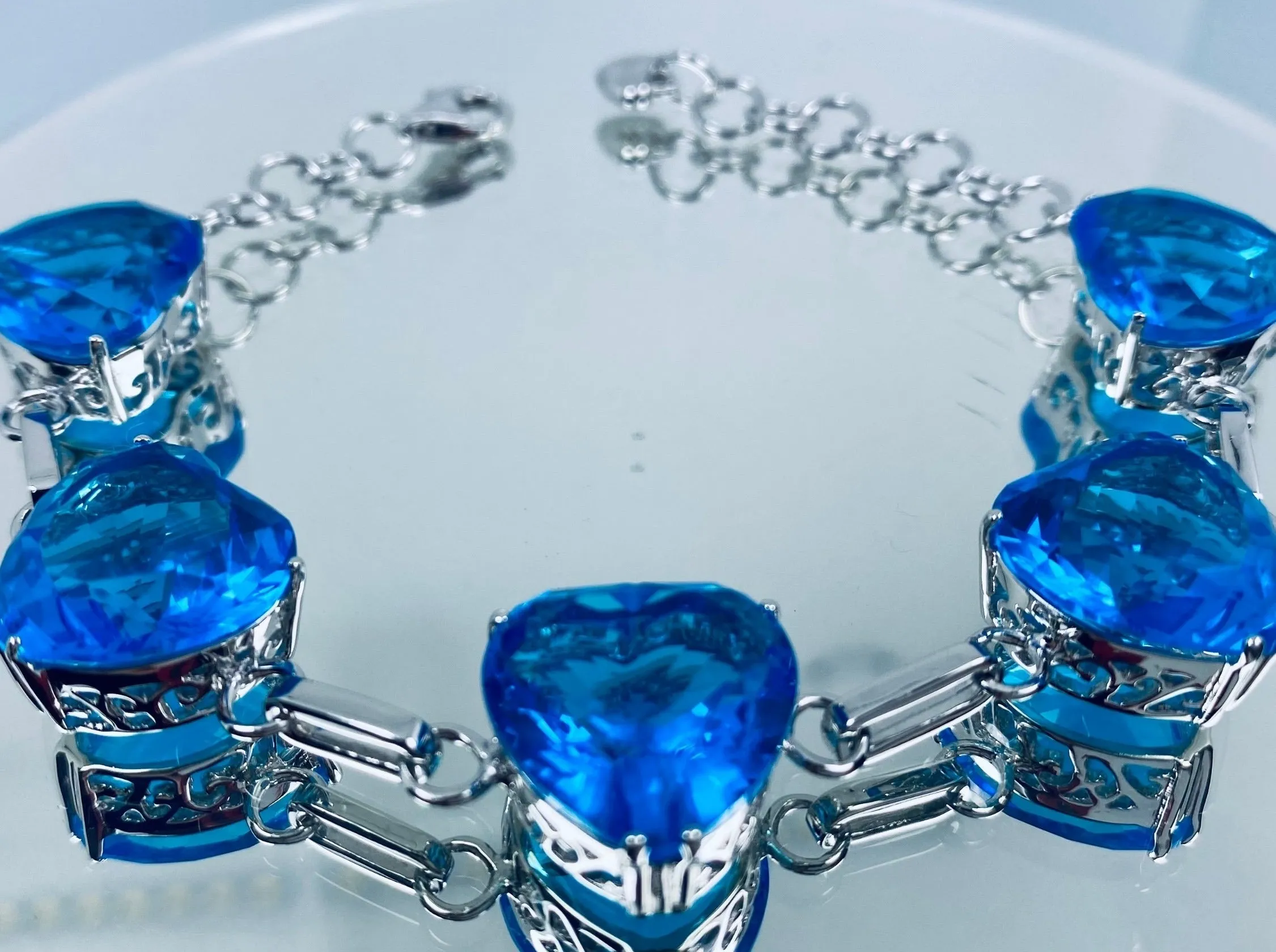 Swiss Blue Topaz Bracelet, Heart Gems, Victorian Reproduction Jewelry #B38